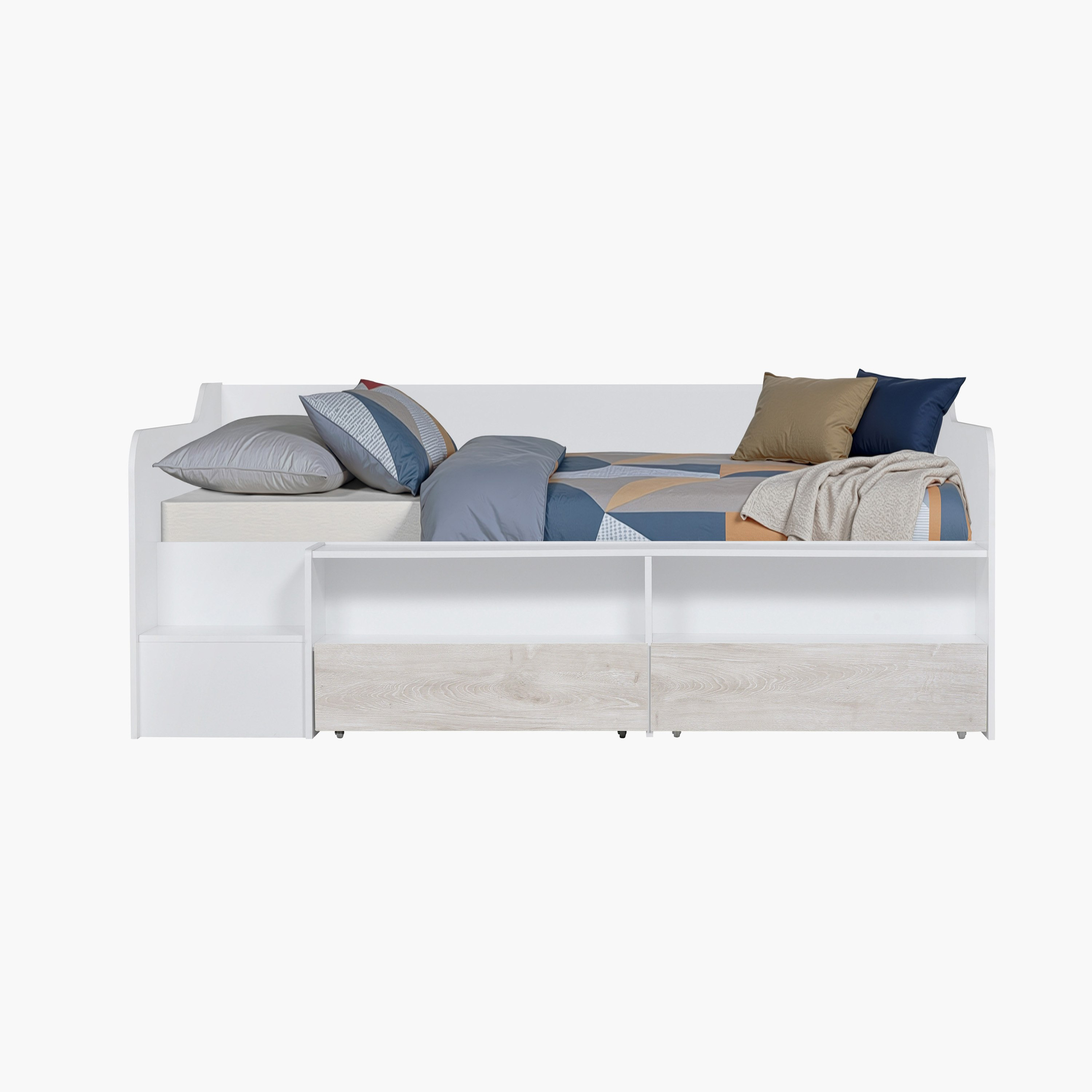 Ivory Low Sleeper Single Bed with 2 Drawers and Open Shelf Storage - 90x190 cm-hbxfurniture-bedsandbedsets-beds-single-image-4