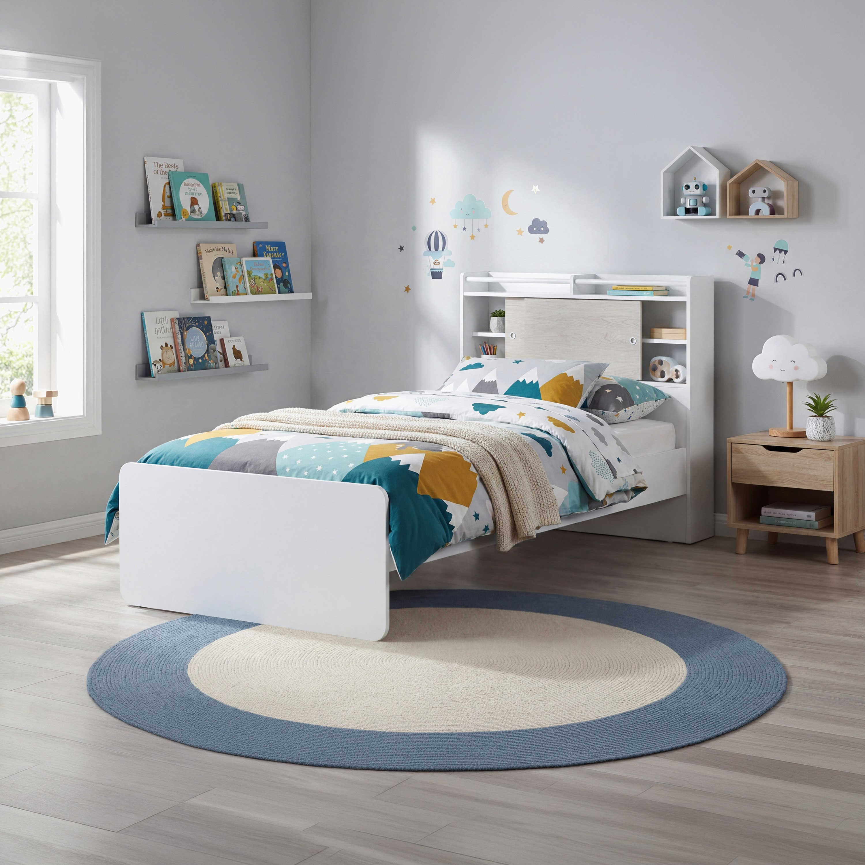Ivory Single Bed with Sliding Storage Headboard - 90x200 cm-hbxfurniture-bedsandbedsets-beds-single-image-1