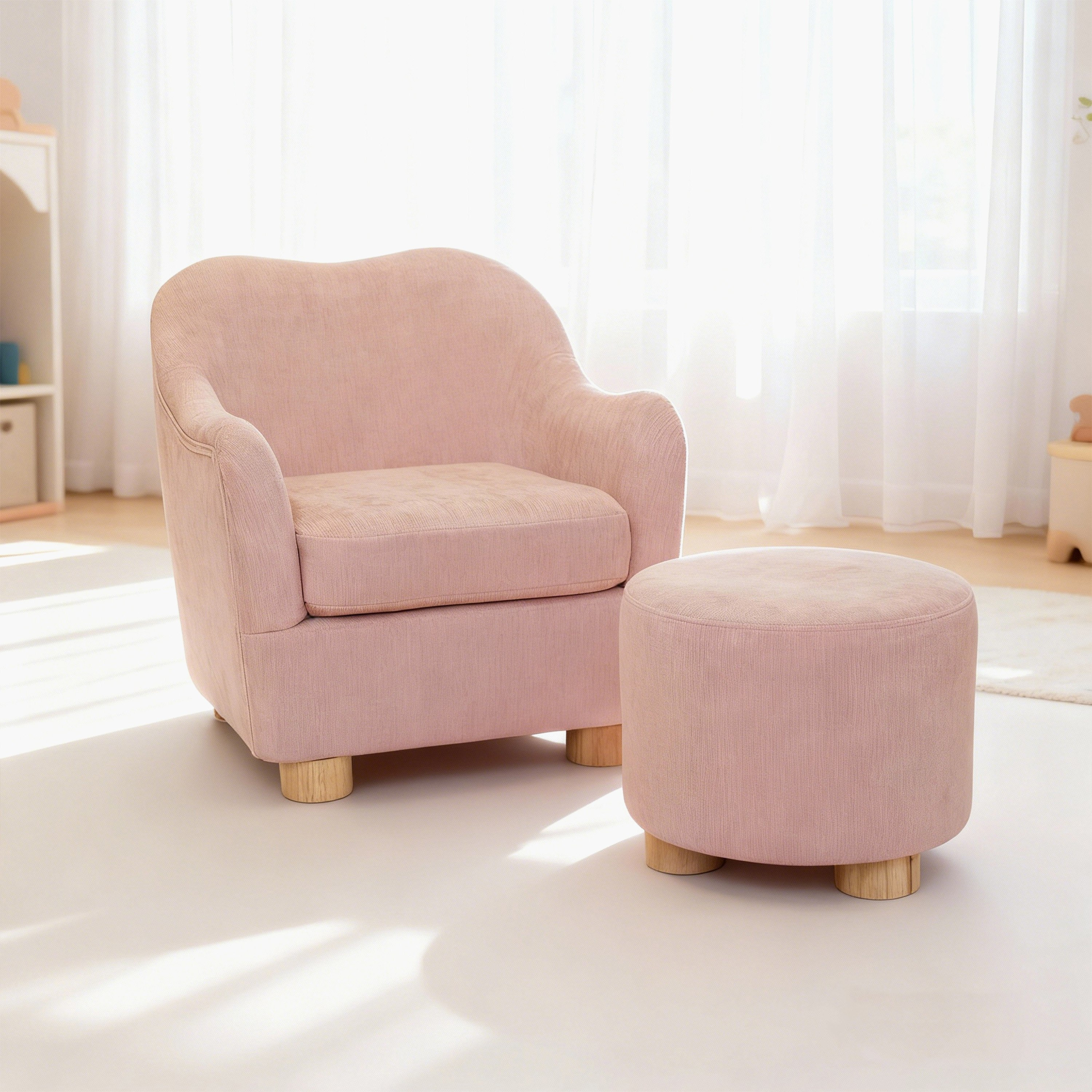Ivory Curve Kids Armchair with Stool-hbxfurniture-kidsroom-studychairs-image-1