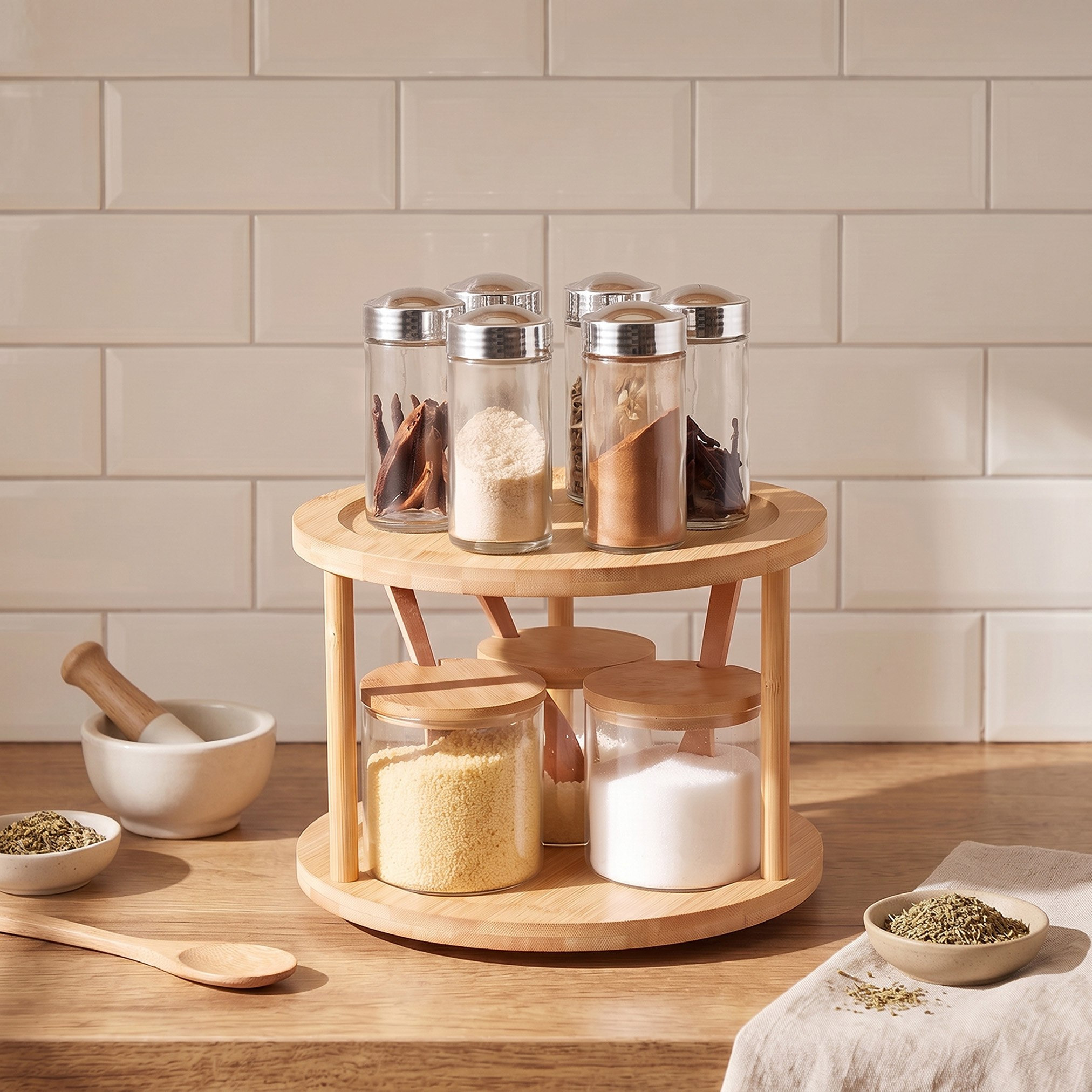 حامل توابل دوار بطابقين من الخيزران - 23 × 23 × 16 سم-hbxkitchen-kitchenware-kitchenaccessories-image-1