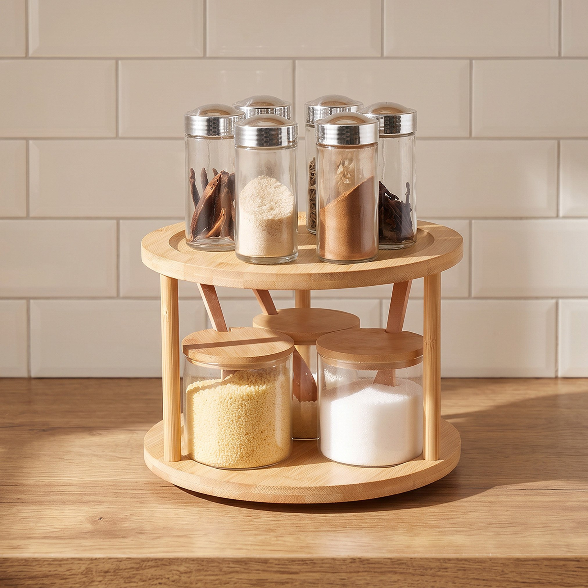 حامل توابل دوار بطابقين من الخيزران - 23 × 23 × 16 سم-hbxkitchen-kitchenware-kitchenaccessories-image-2