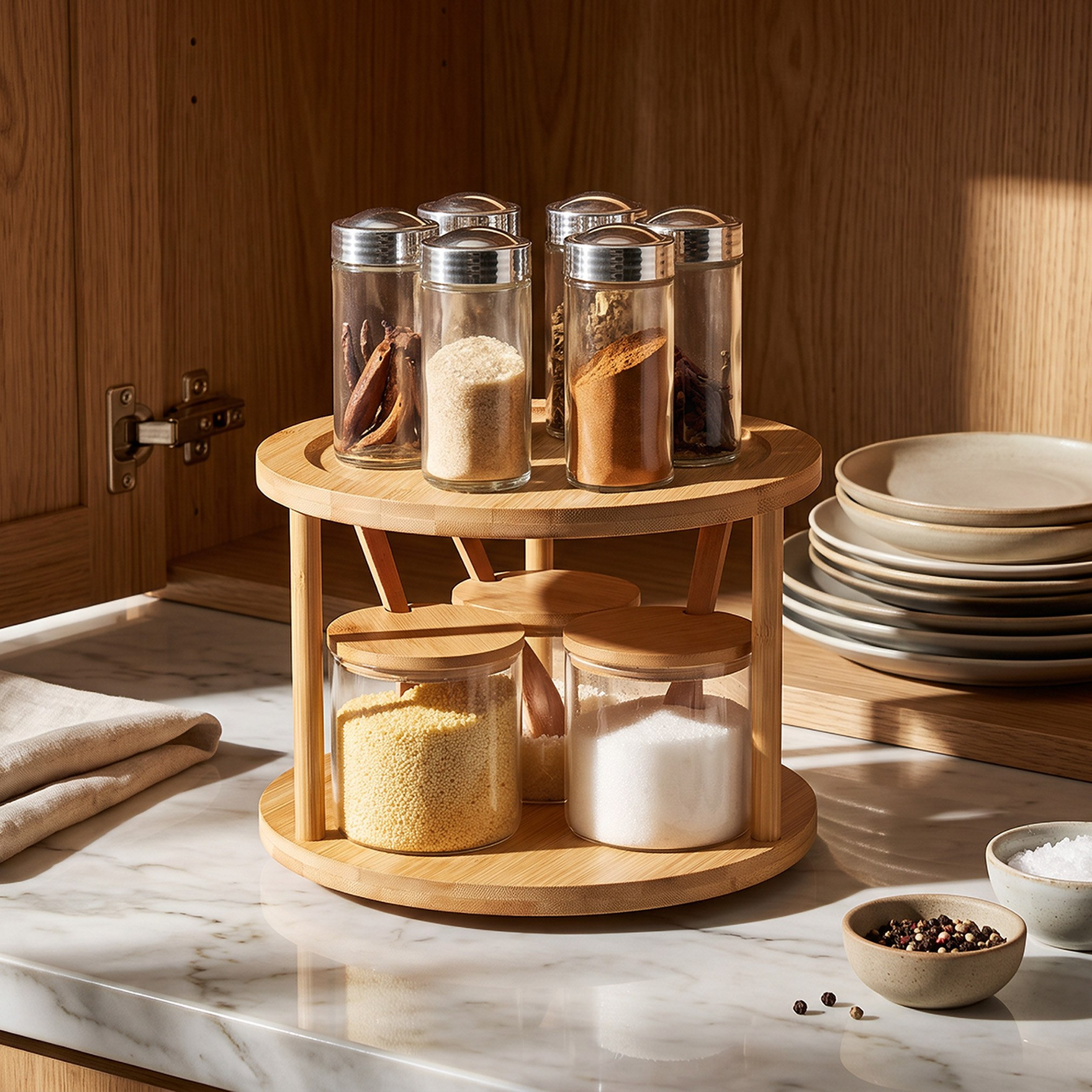 حامل توابل دوار بطابقين من الخيزران - 23 × 23 × 16 سم-hbxkitchen-kitchenware-kitchenaccessories-image-4
