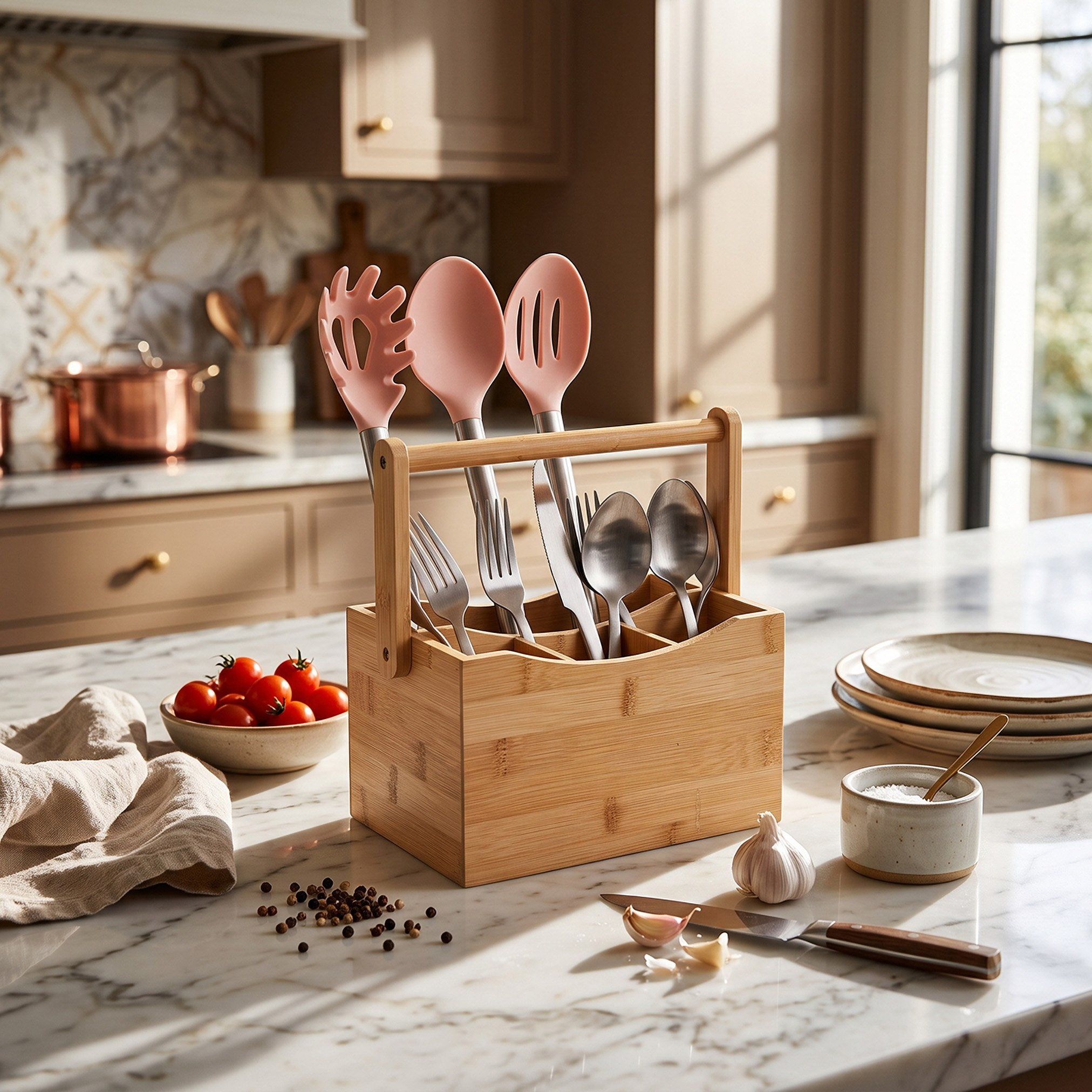 حامل أدوات مائدة من الخيزران بمقبض - 20.5 × 14 × 13 سم-hbxkitchen-kitchenware-kitchenaccessories-image-4