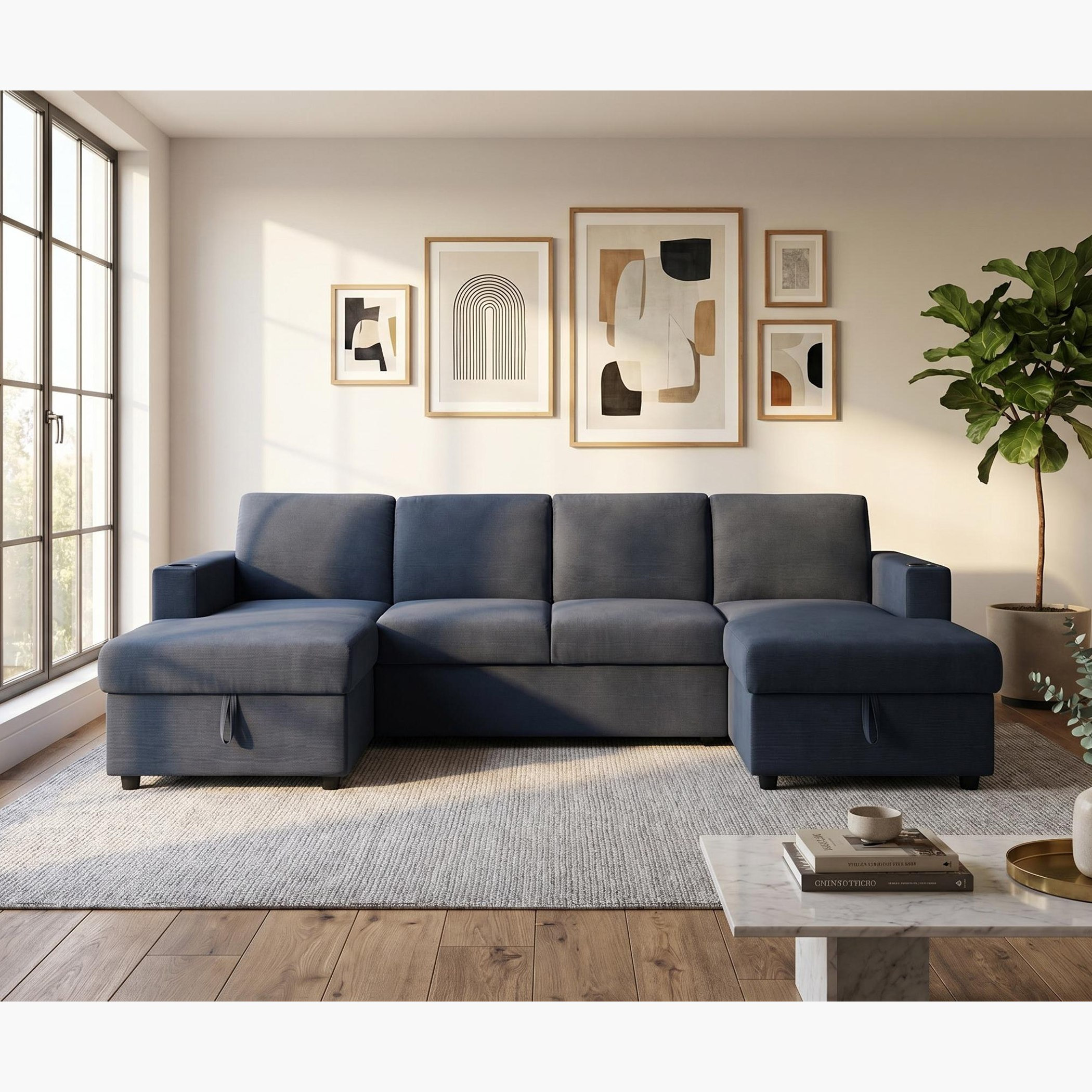 Lecco NXT 5-Seater Fabric Corner with 2-Seater Pullout Sofa Bed and 2 Storage Chaise with Cupholders-hbxfurniture-sofasandarmchairs-sofabeds-image-1