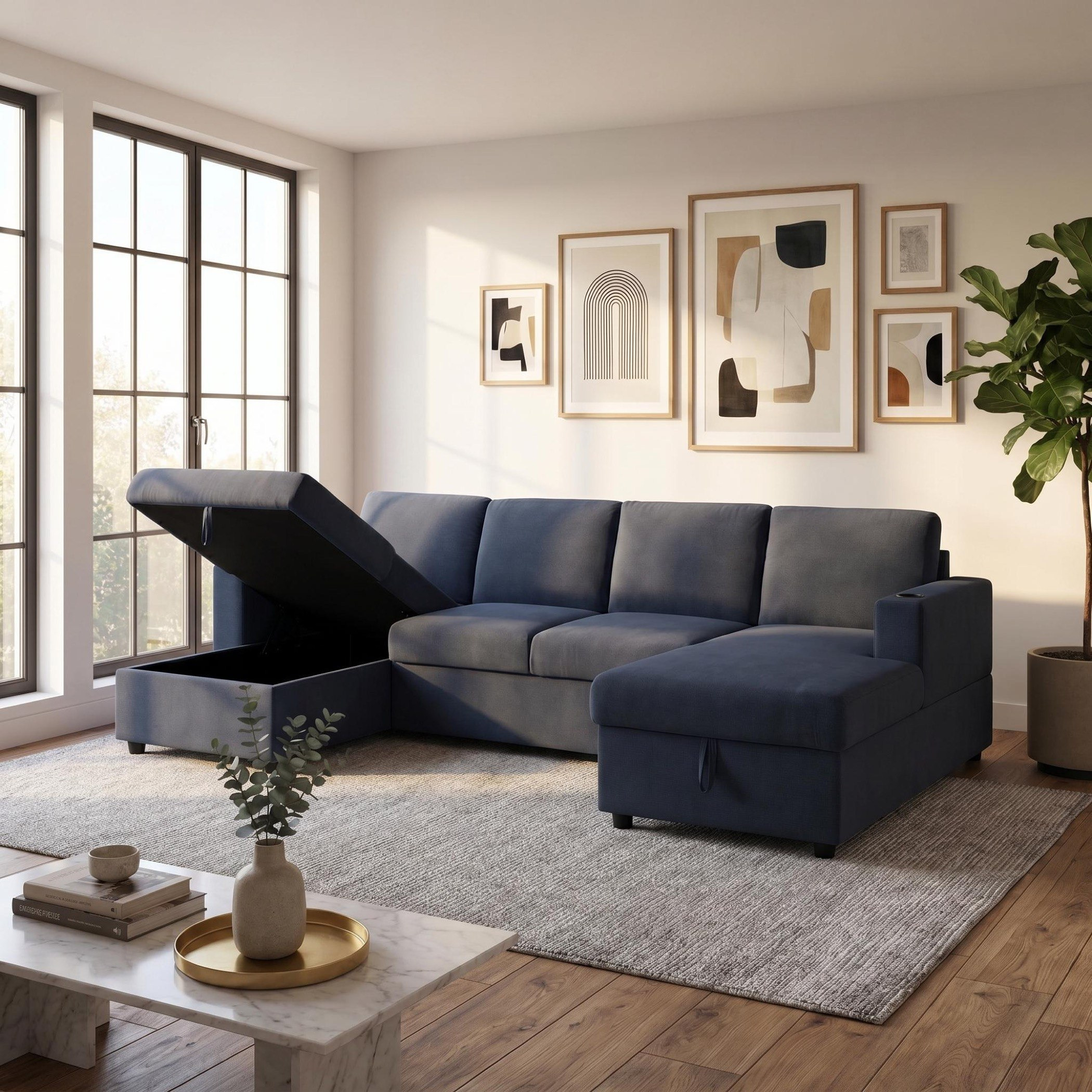 Lecco NXT 5-Seater Fabric Corner with 2-Seater Pullout Sofa Bed and 2 Storage Chaise with Cupholders-hbxfurniture-sofasandarmchairs-sofabeds-image-2