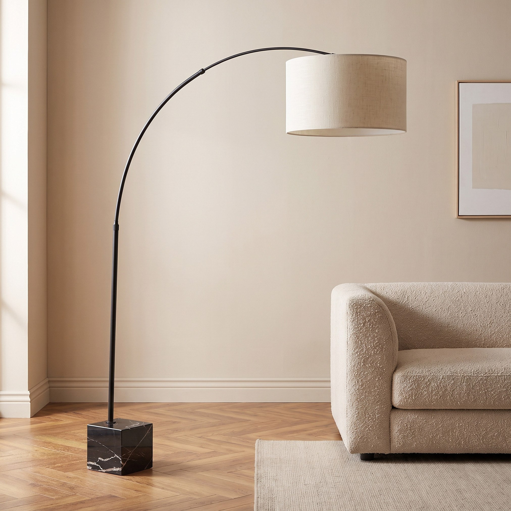 Caylan Metal Arc Floor Lamp Extendable with Marble Cube Base and Linen Shade - 207 cm-hbxlivingroom-lighting-floorlamps-image-1