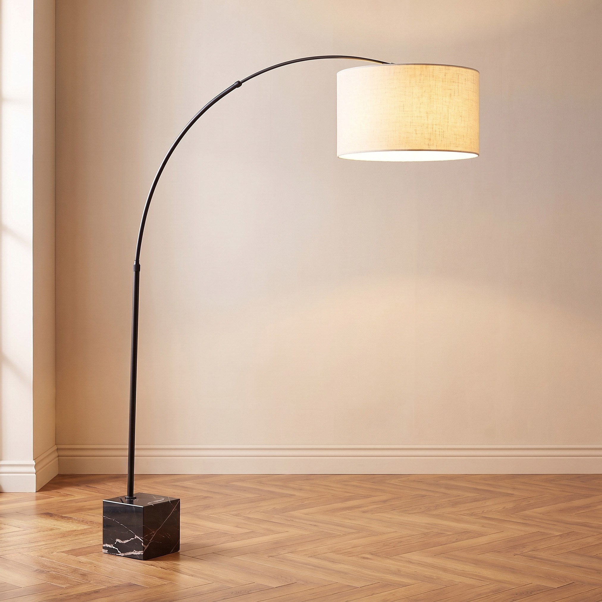 Caylan Metal Arc Floor Lamp Extendable with Marble Cube Base and Linen Shade - 207 cm-hbxlivingroom-lighting-floorlamps-image-2