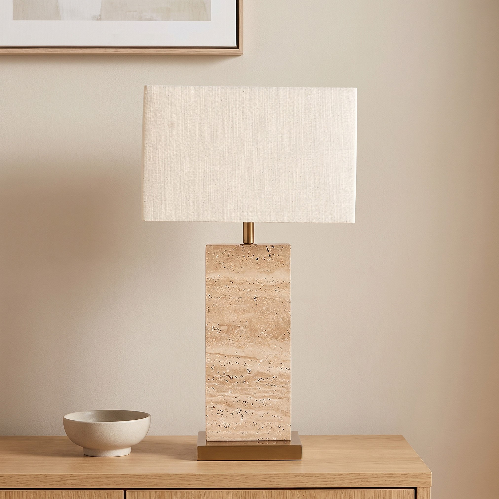 Caylan Travertine Table Lamp with Metal Base and Linen Shade - 64 cm-hbxlivingroom-lighting-tablelamps-image-1