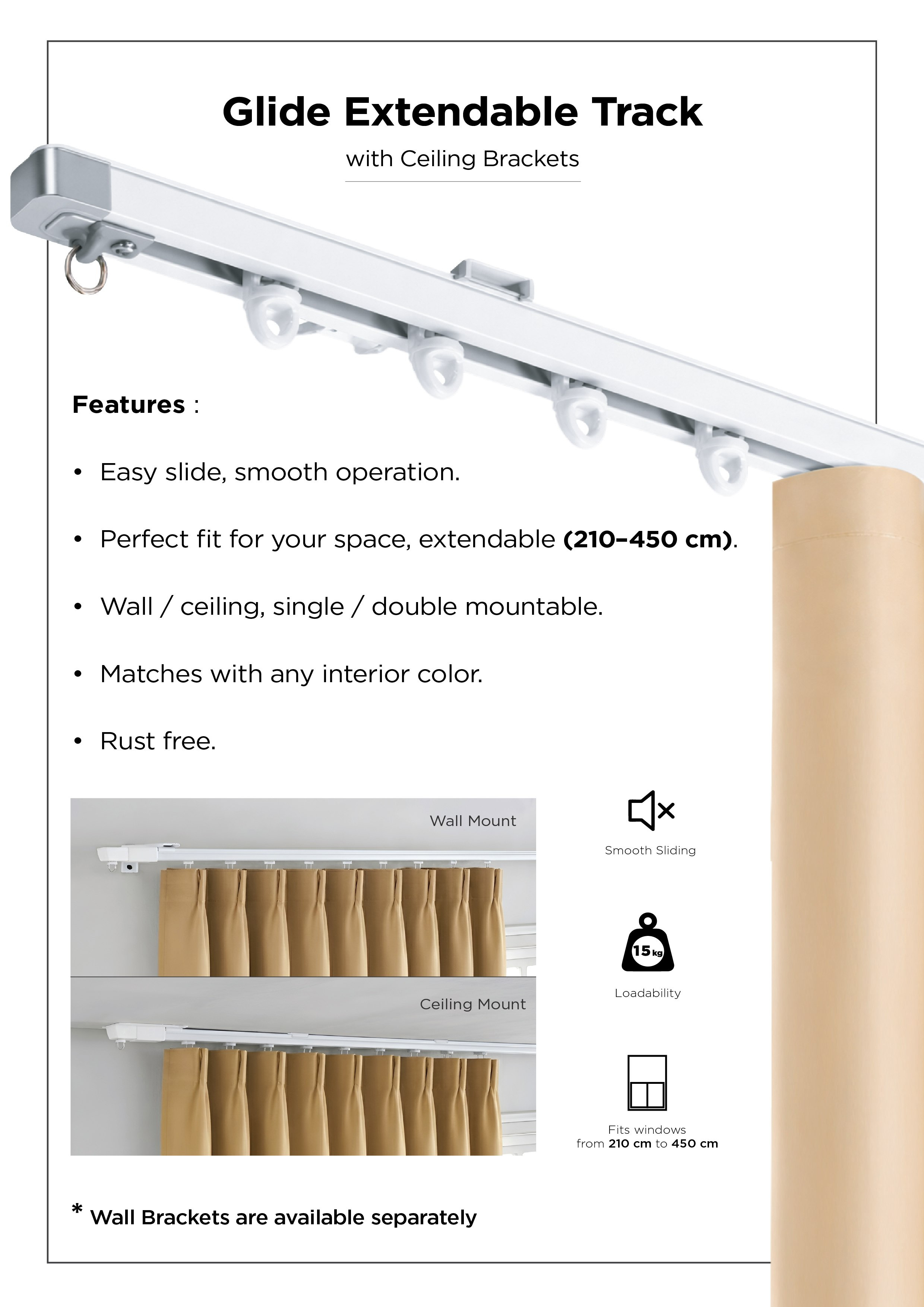 Glide Extendable Single Curtain Track with Ceiling Brackets - 210 to 410 cm-hbxhomeware-hbxbedroom-image-7