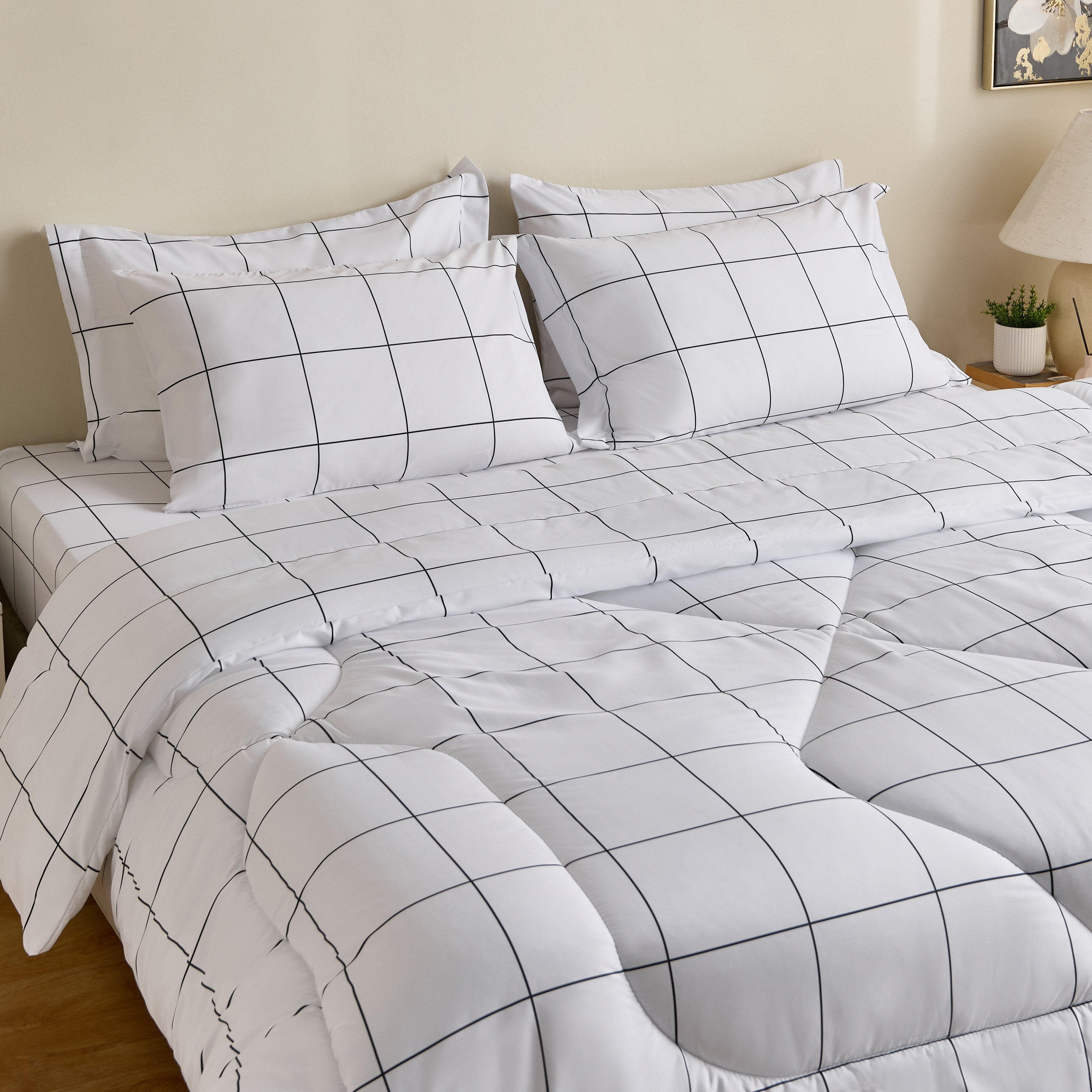 Hampton Check Microfiber Printed 6-Piece King BIAB Comforter Set - 220x240 cm-hbxhomeware-hbxbedroom-image-1