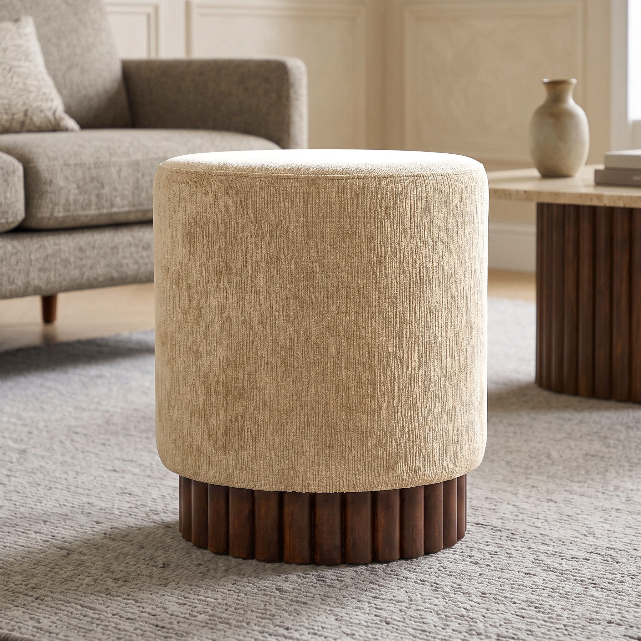 Braga Fabric Ottoman with Wooden Scallop Base-hbxlivingroom-sofasandarmchairs-ottomansandfootstools-image-1