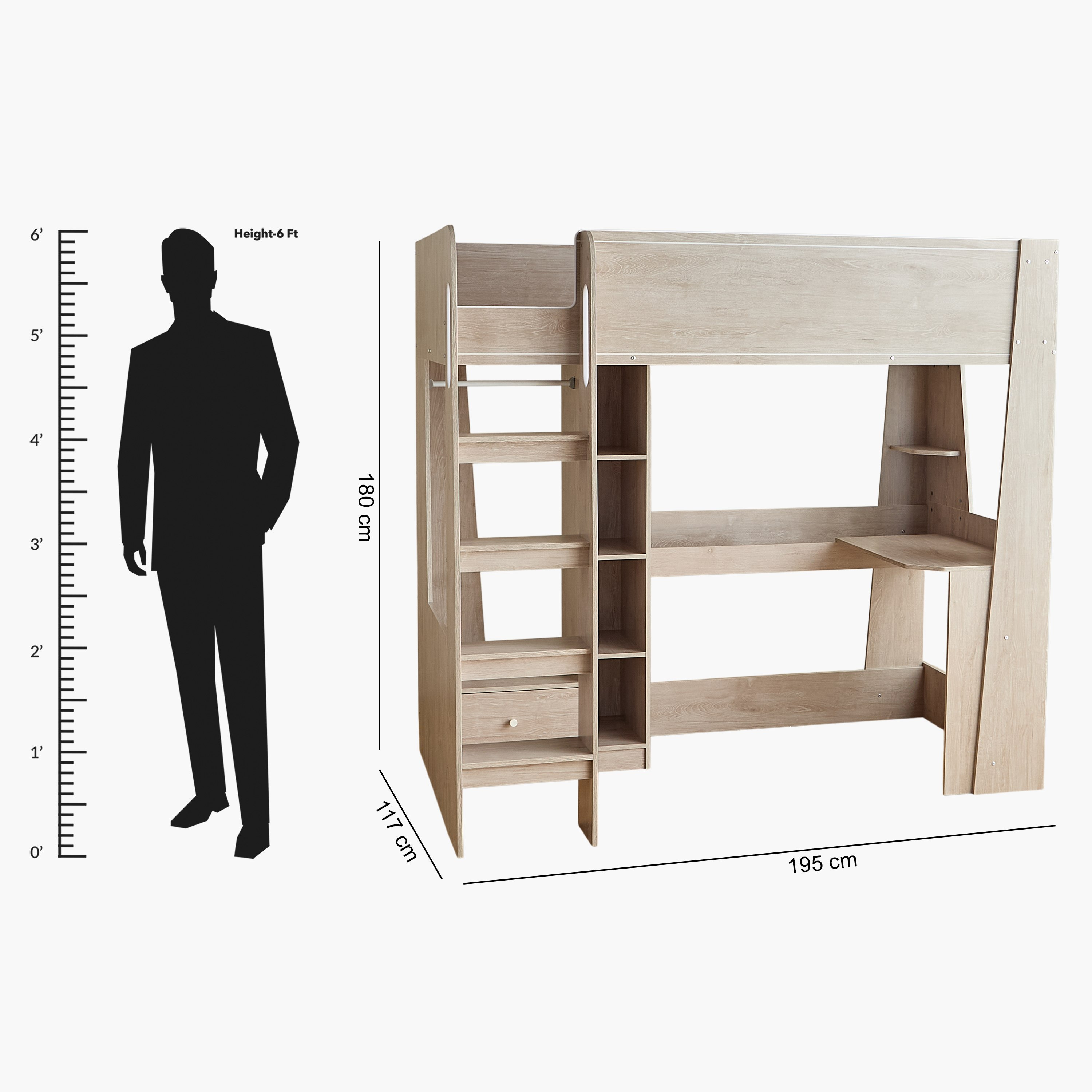 Movo Vanilla Halmstad Loft Bed with Storage and Ladder - 90x190 cm-hbxkidsandyouth-bedsandbedsets-bunkbeds-single-image-10
