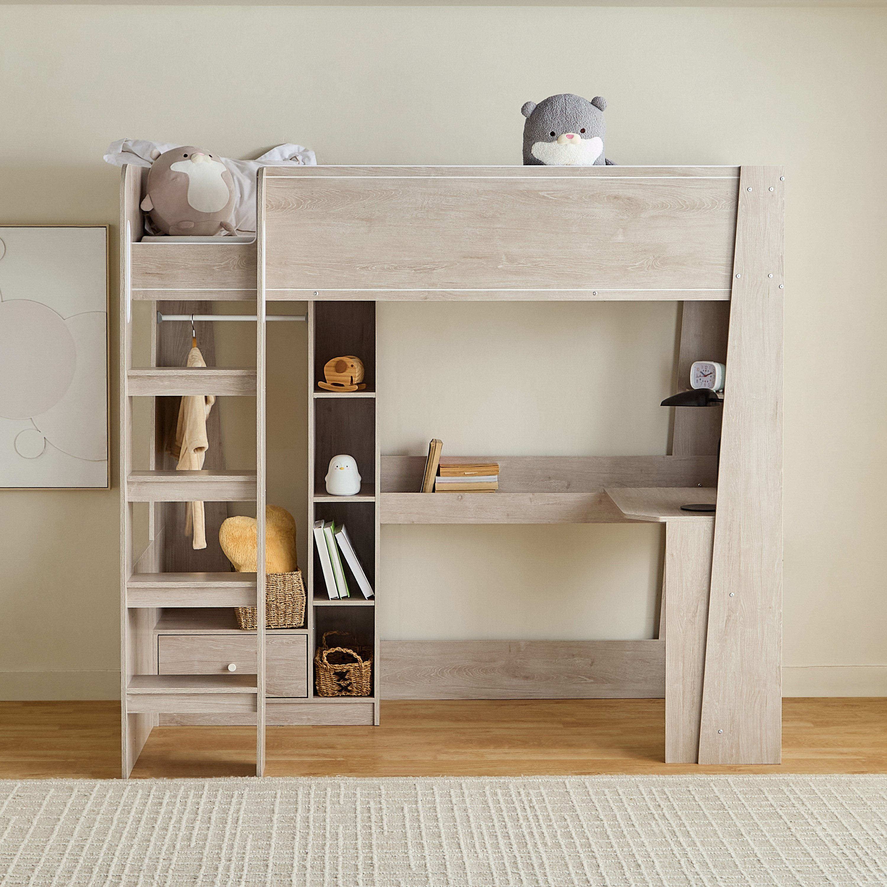 Movo Vanilla Halmstad Loft Bed with Storage and Ladder - 90x190 cm-hbxkidsandyouth-bedsandbedsets-bunkbeds-single-image-2
