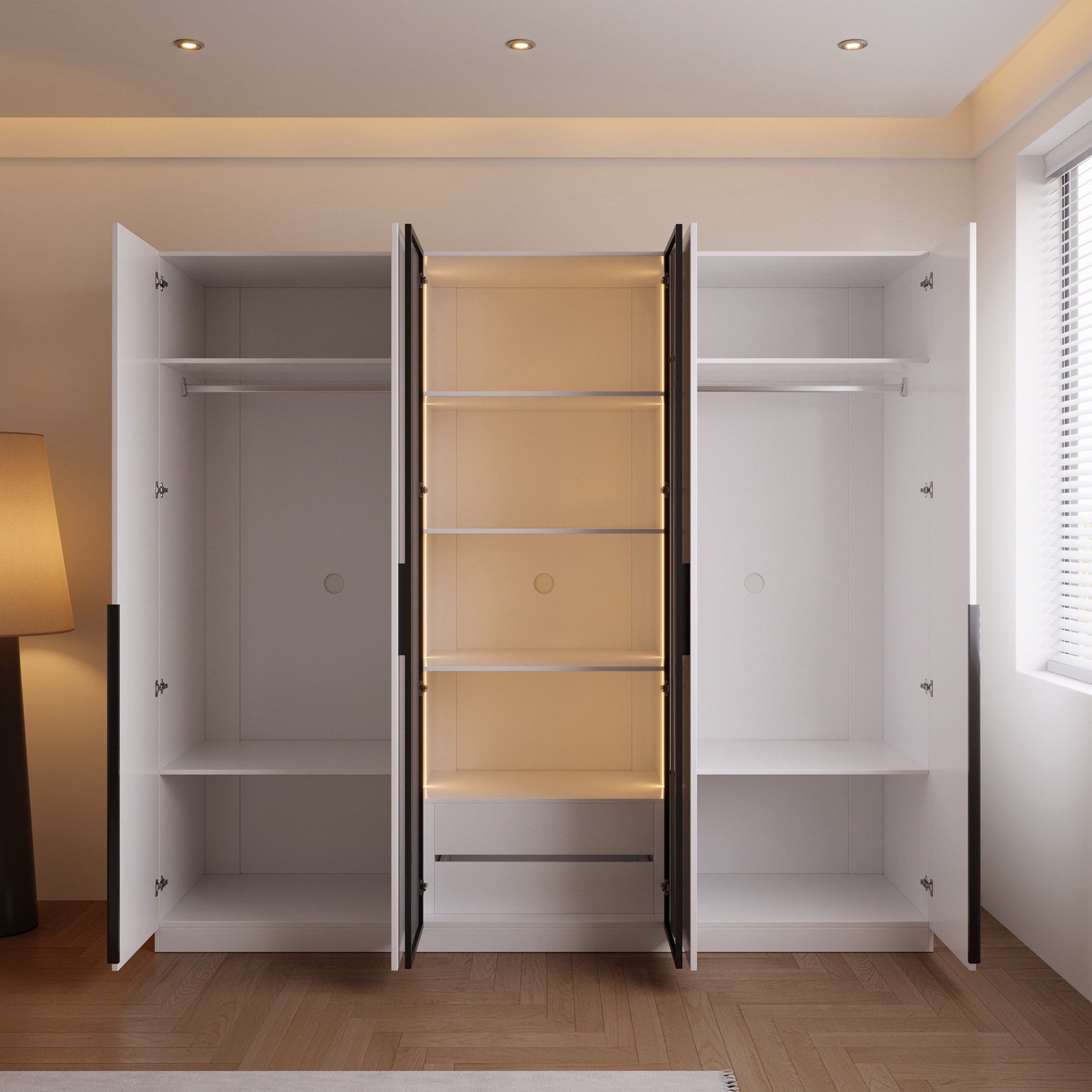 Marwell 6 Door Transparent Glass Wardrobe with 2 Drawers-hbxfurniture-wardrobes-image-3