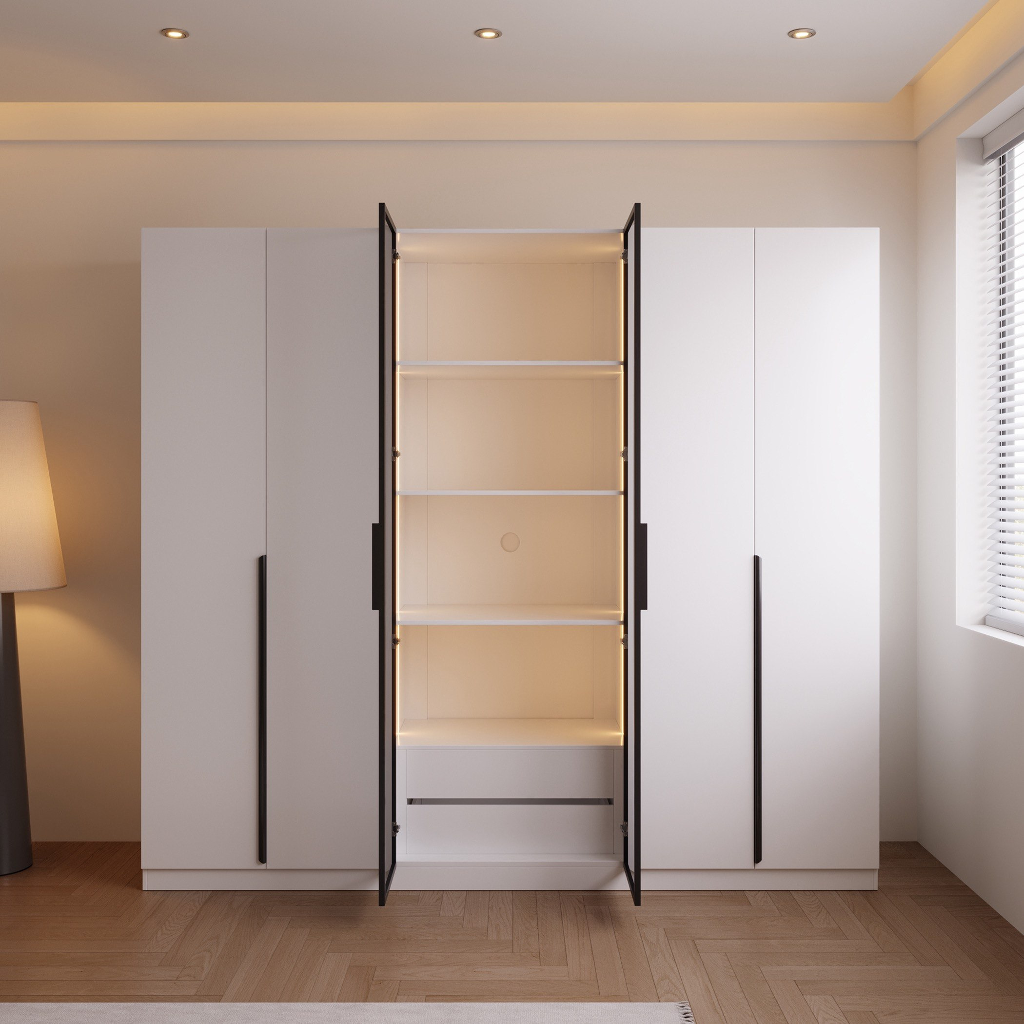 Marwell 6 Door Transparent Glass Wardrobe with 2 Drawers-hbxfurniture-wardrobes-image-5