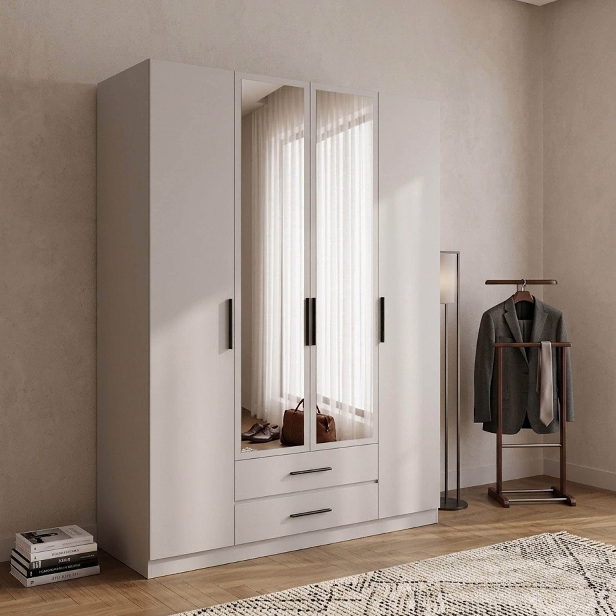 Marwell 4 Door Wardrobe with 2 Mirrors and 2 Drawers-hbxfurniture-wardrobes-image-1