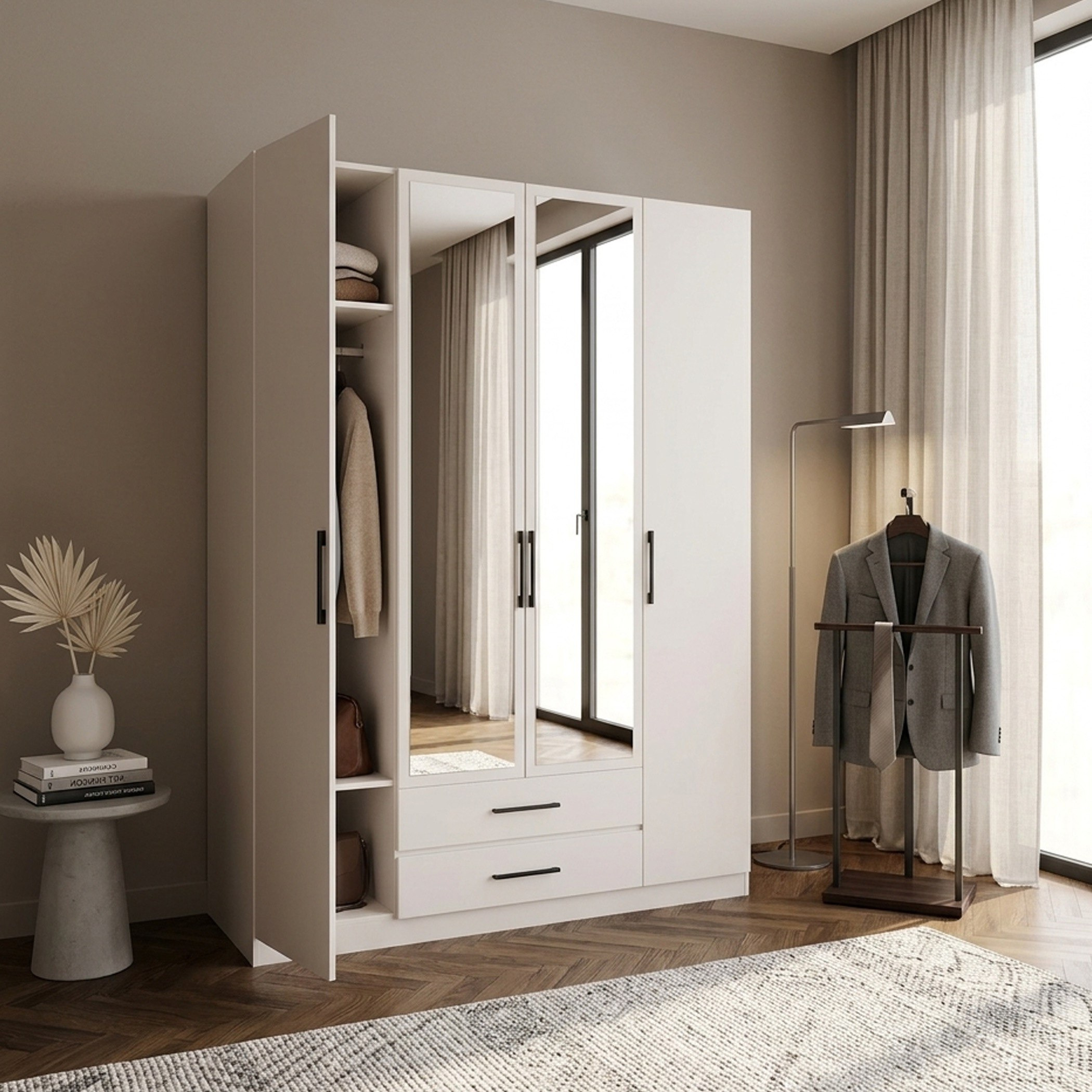 Marwell 4 Door Wardrobe with 2 Mirrors and 2 Drawers-hbxfurniture-wardrobes-image-2