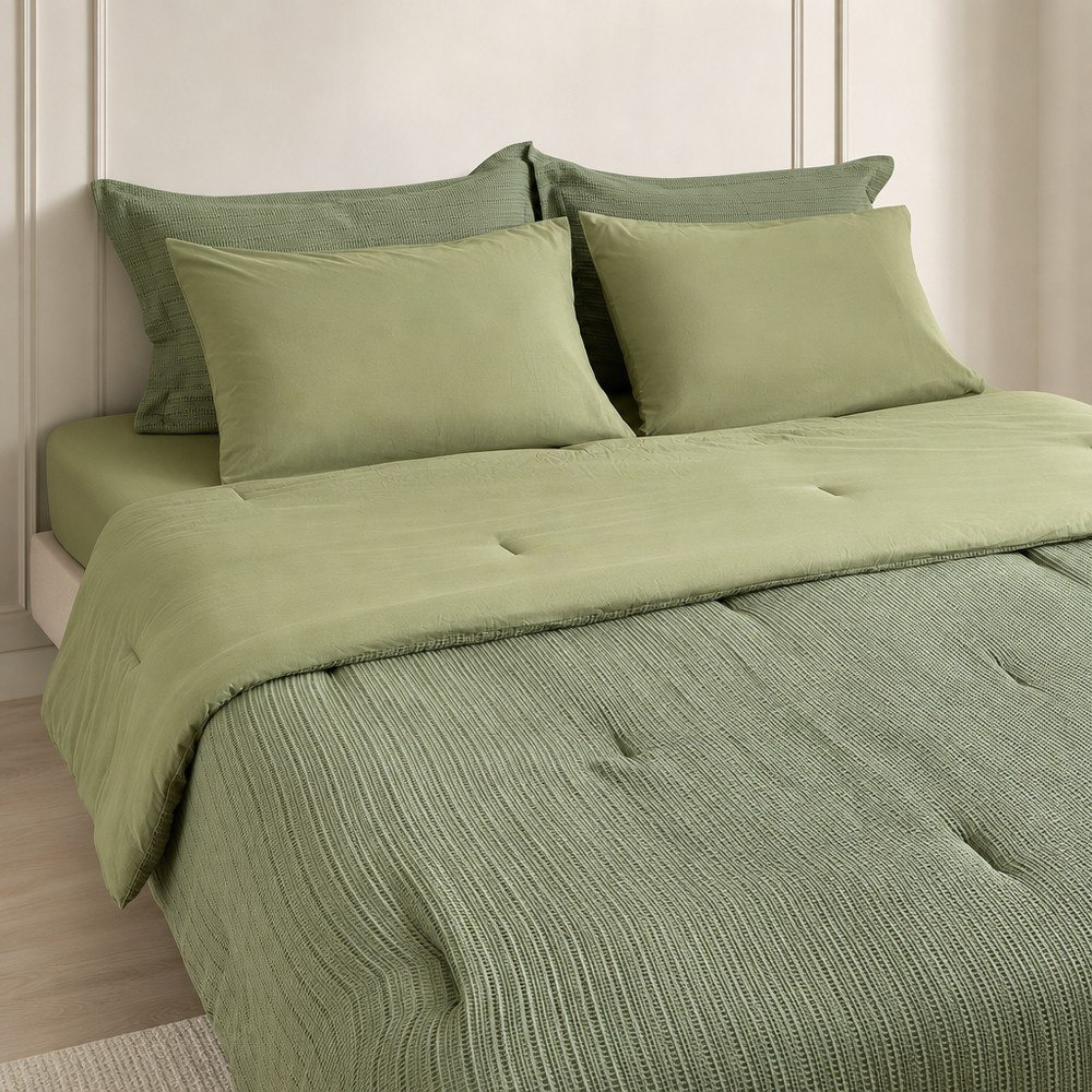 طقم لحاف كينج من القطن والفيسكوز ملوو 5 قطع بنقشة وافل من ويف إيليجانس - 220×240 سم-hbxhomeware-hbxbedroom-image-1