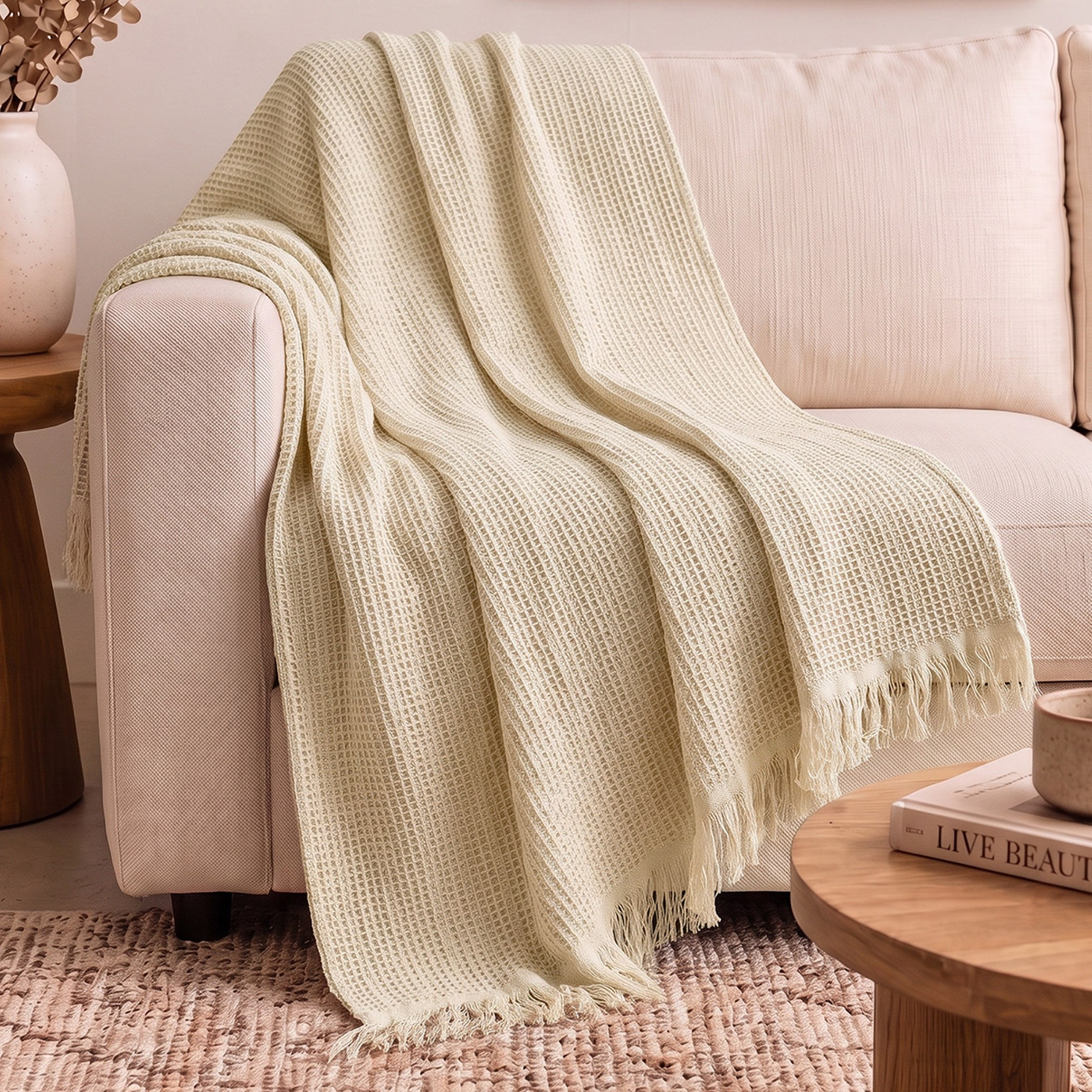 بطانية خفيفة فيسكوز قطن بتصميم وافل ميلو من ويف إيليجنس - 130x170 سم-hbxdecorandfurnishings-bedding-throws-image-1
