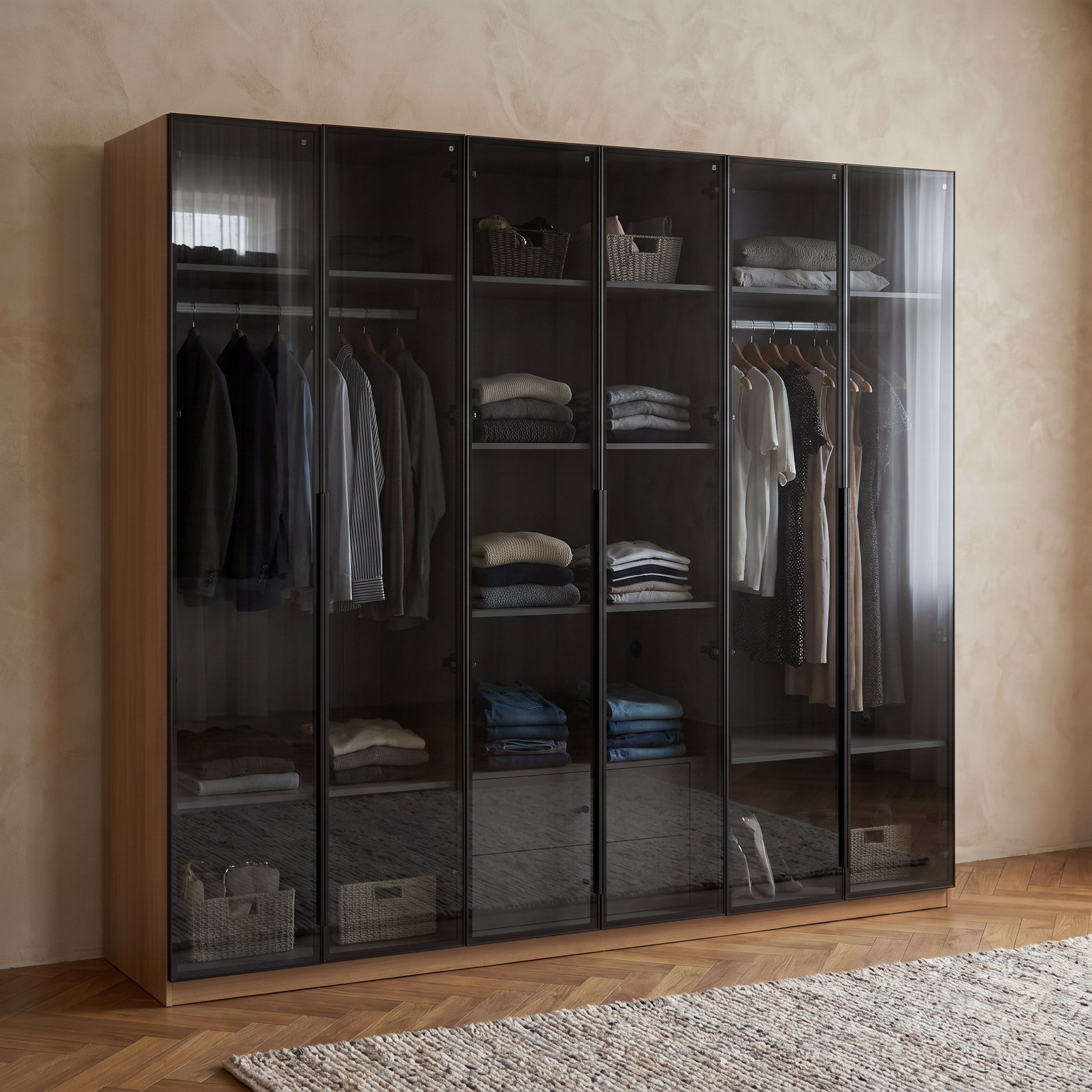 Trento 6-Door Transparent Glass Wardrobe with 2 Drawers-hbxfurniture-wardrobes-image-1