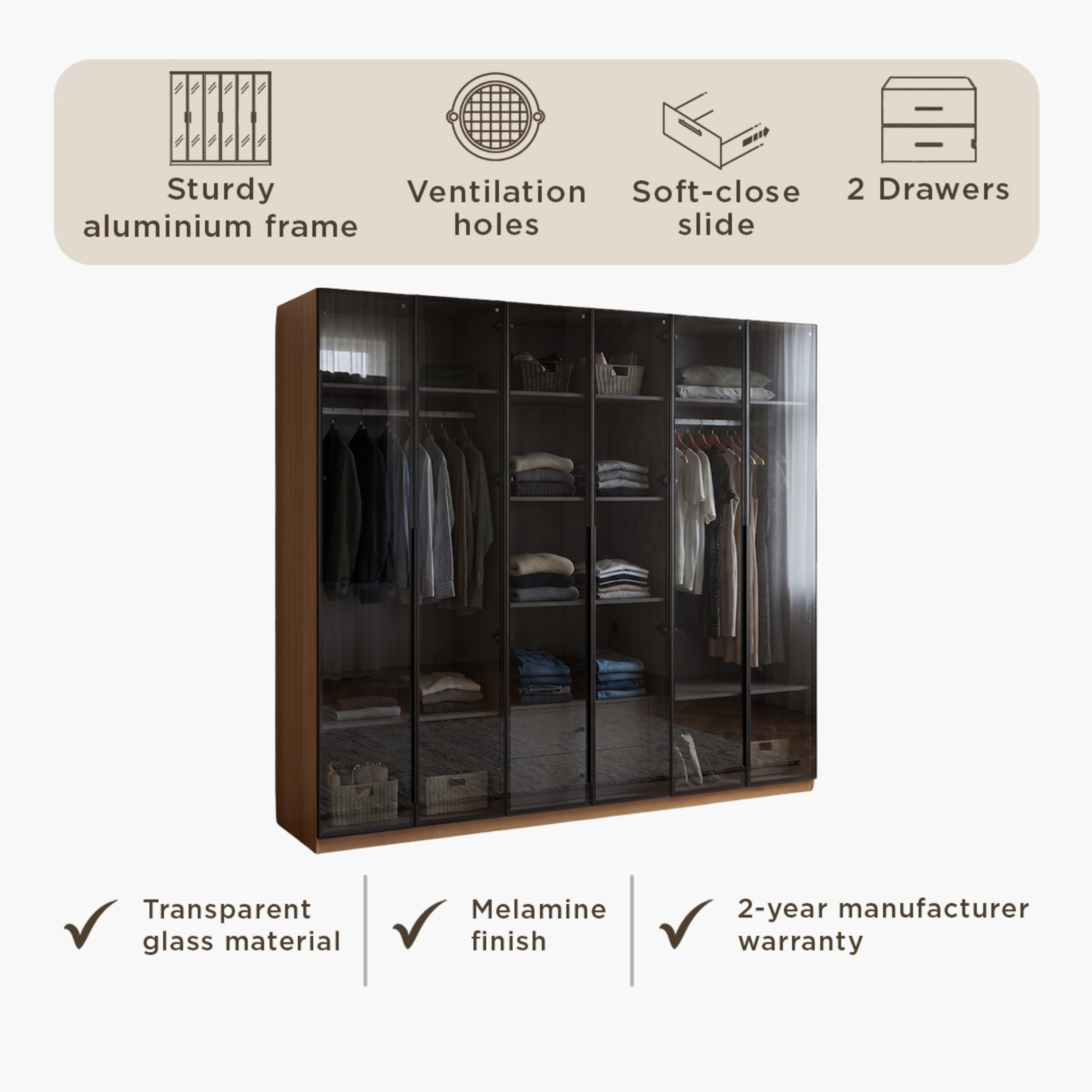 Trento 6-Door Transparent Glass Wardrobe with 2 Drawers-hbxfurniture-wardrobes-image-11