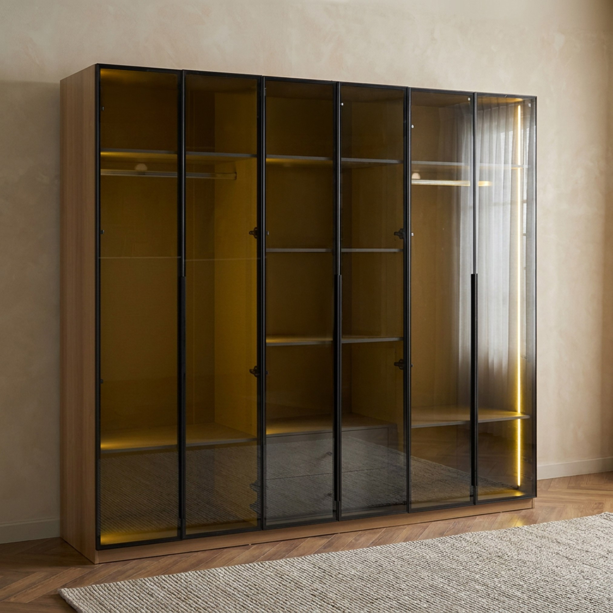 Trento 6-Door Transparent Glass Wardrobe with 2 Drawers-hbxfurniture-wardrobes-image-3