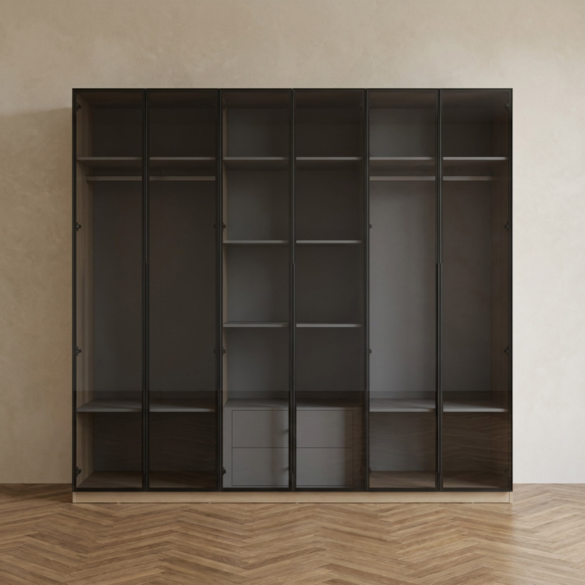 Trento 6-Door Transparent Glass Wardrobe with 2 Drawers-hbxfurniture-wardrobes-image-4