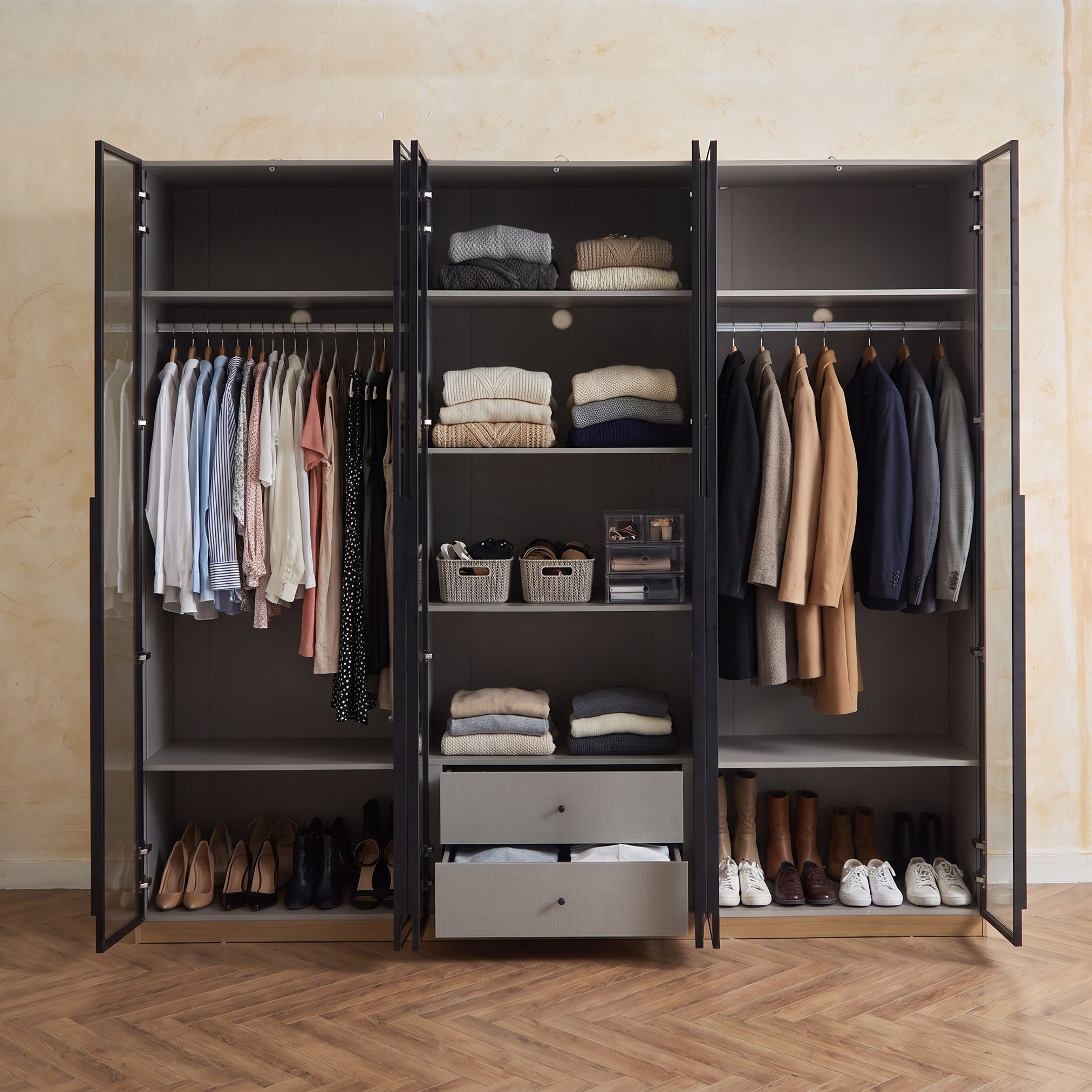 Trento 6-Door Transparent Glass Wardrobe with 2 Drawers-hbxfurniture-wardrobes-image-5