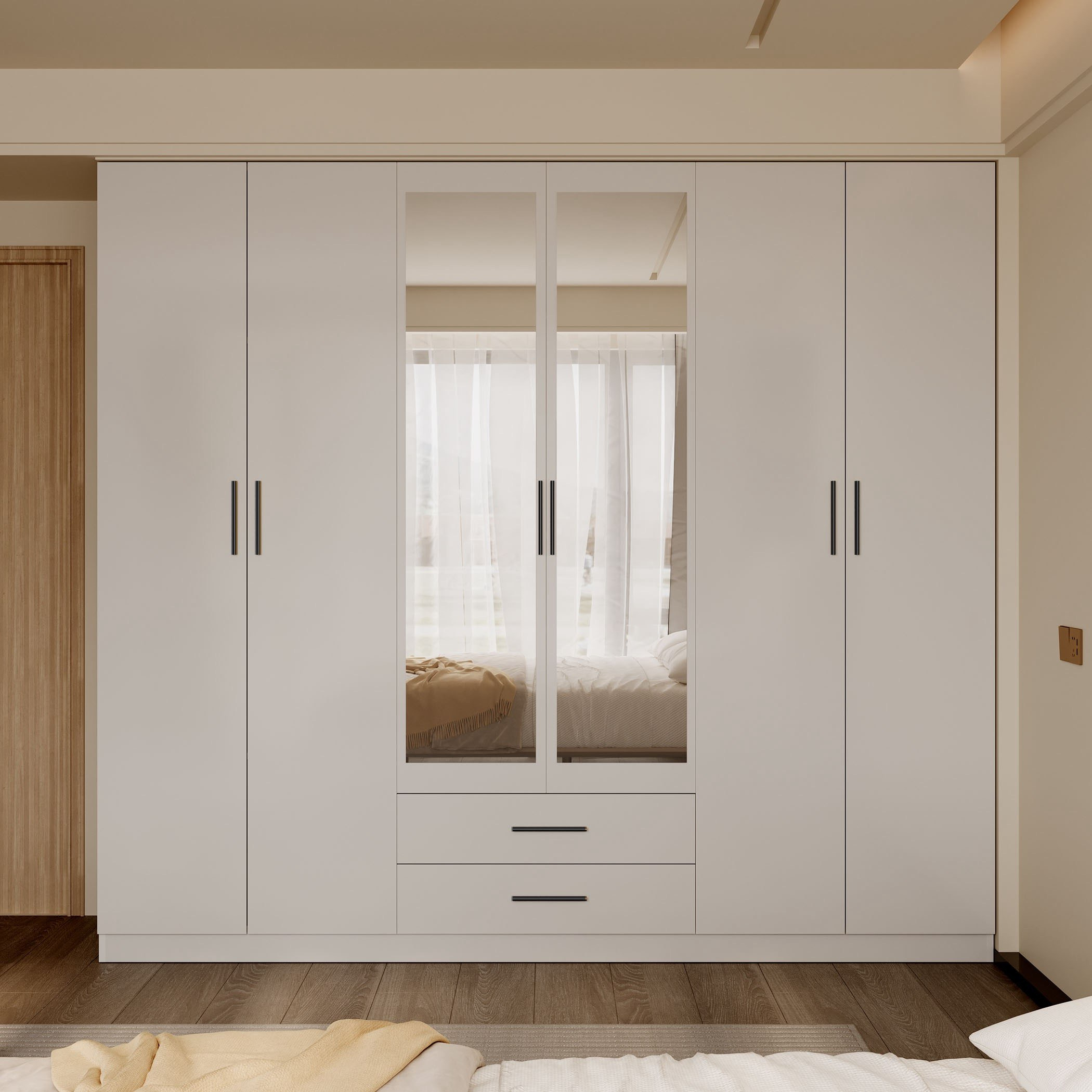Marwell 6 Door Wardrobe with 2 Drawers and Mirrors-hbxfurniture-wardrobes-image-2