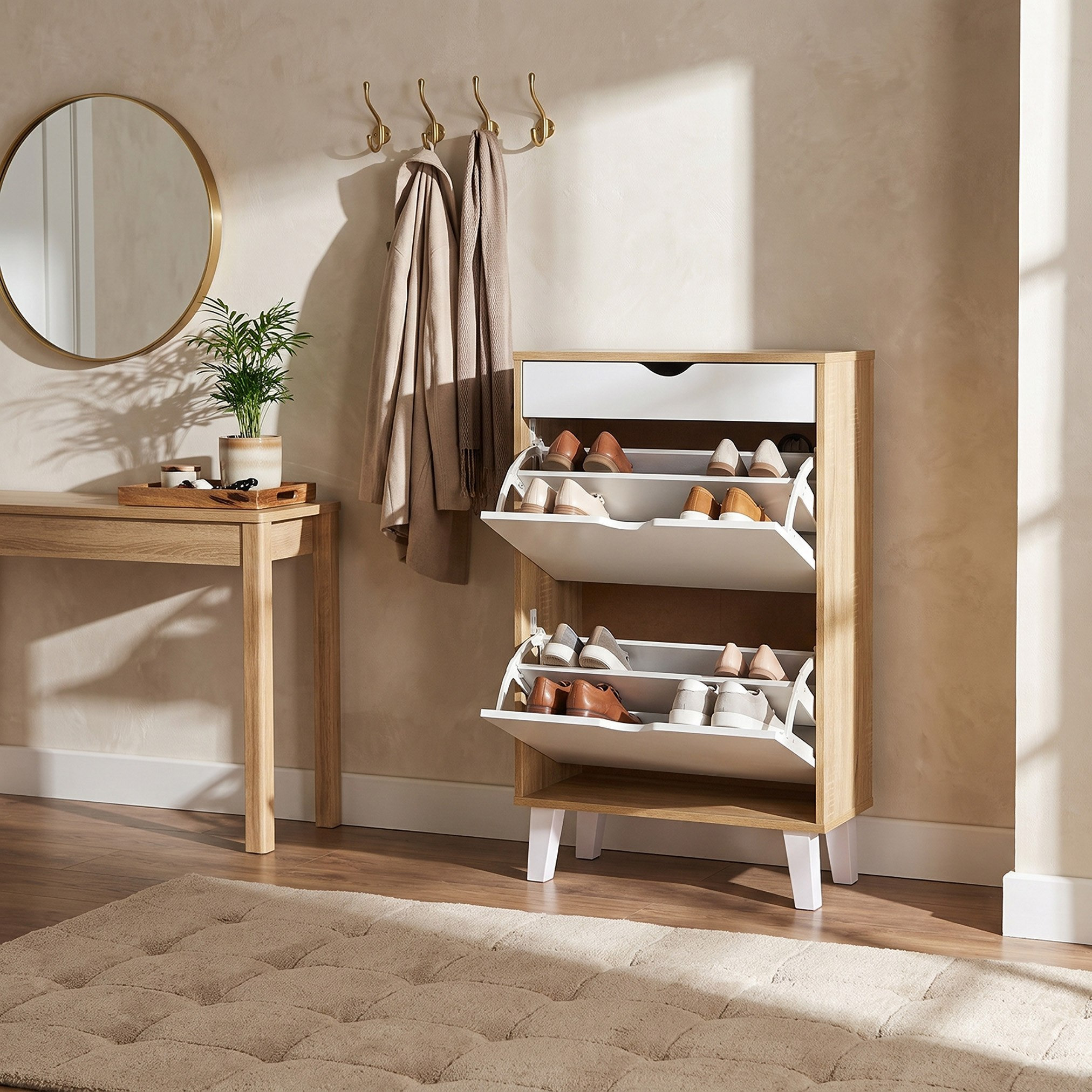 Alford Albany 12-Pair 2-Tier Shoe Cabinet with 2 Doors and Drawer-hbxbedroom-shoecabinetsandracks-image-1