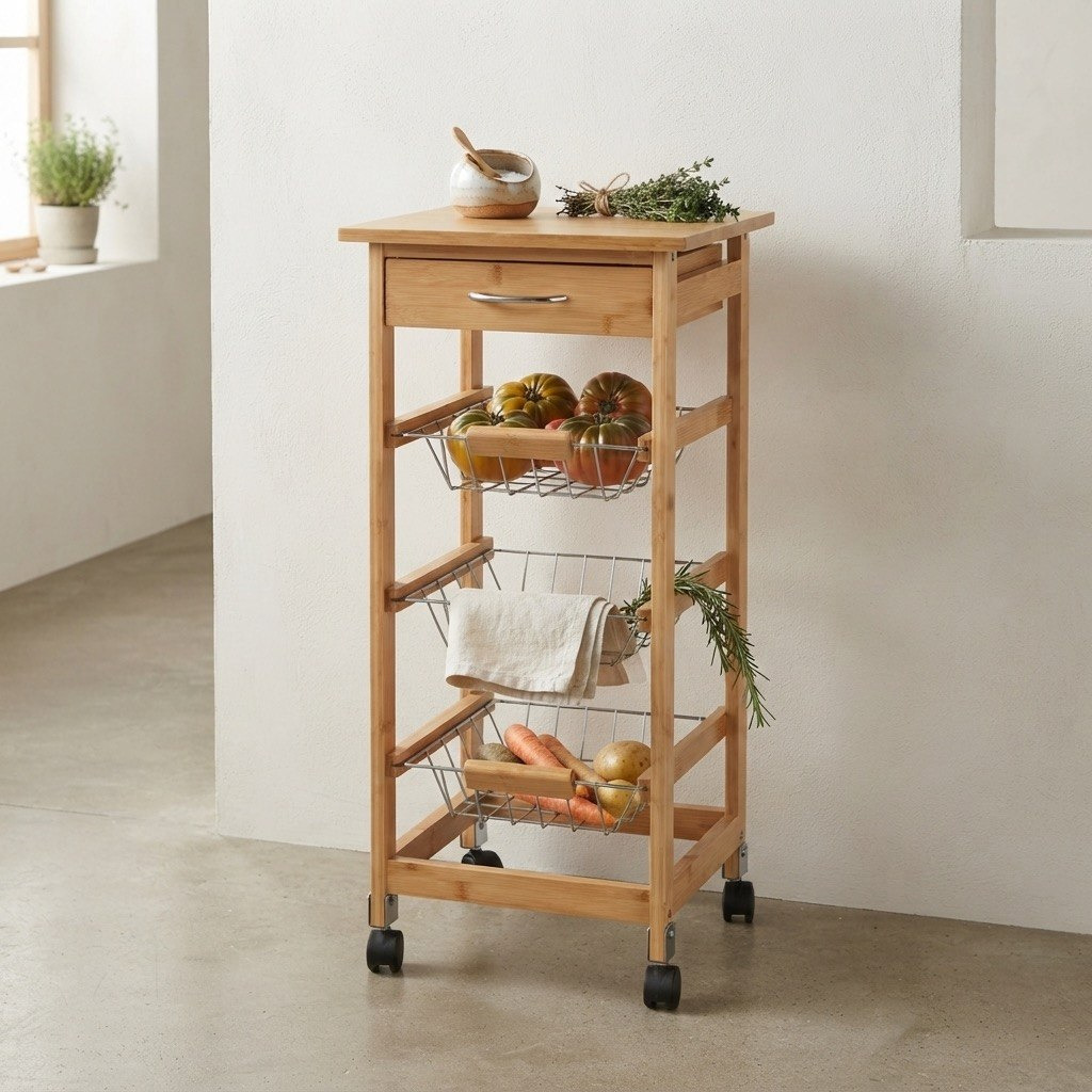 Covara Natura Bamboo Kitchen Trolley - 37x37x76 cm-hbxbedroom-bedroomaccessories-bedroomstorage-image-1