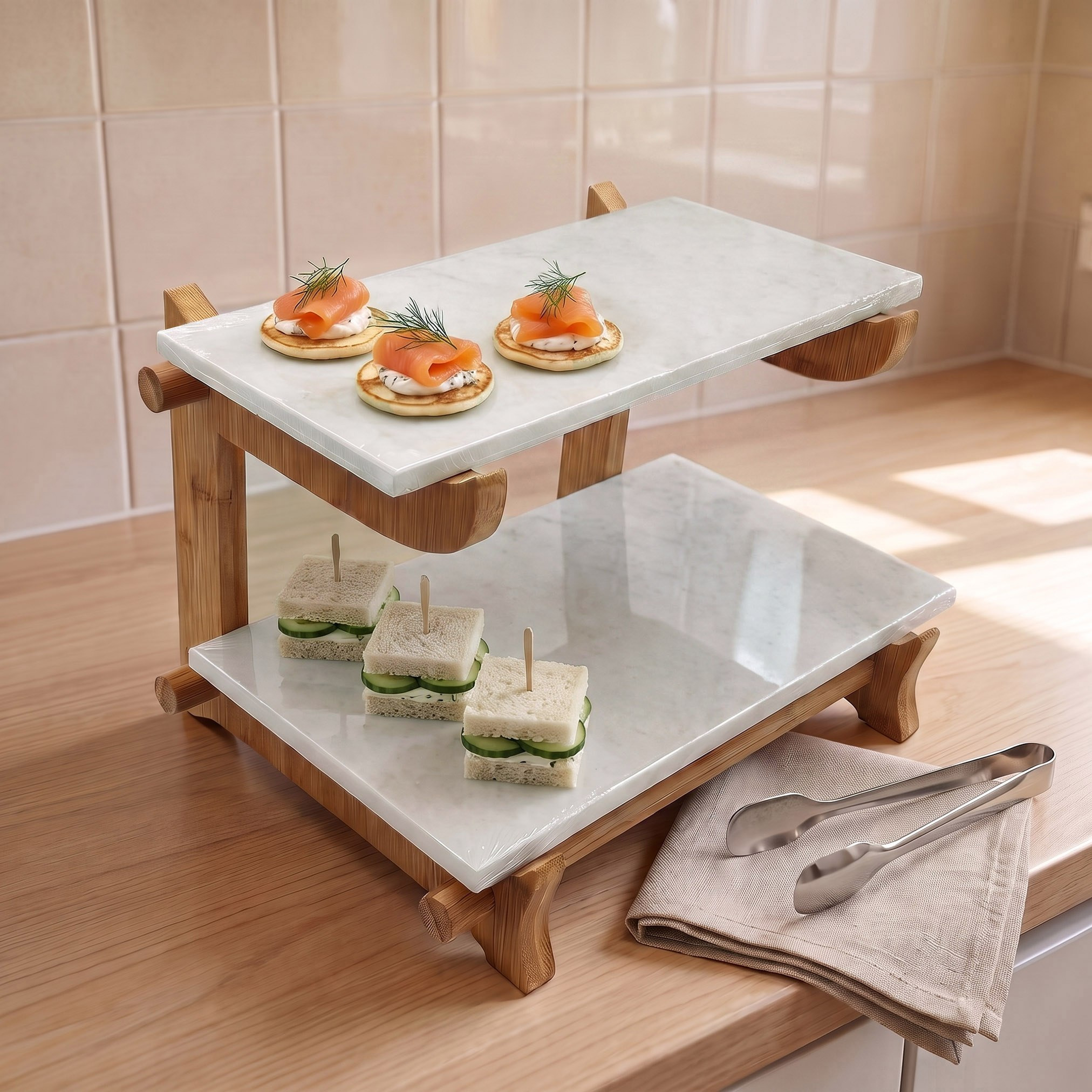 حامل كيك رخامي بطبقتين وتصميم فاخر من بيانكا - 33x18.5x31.5 سم-hbxdecorandfurnishings-tabletop-serveware-image-1
