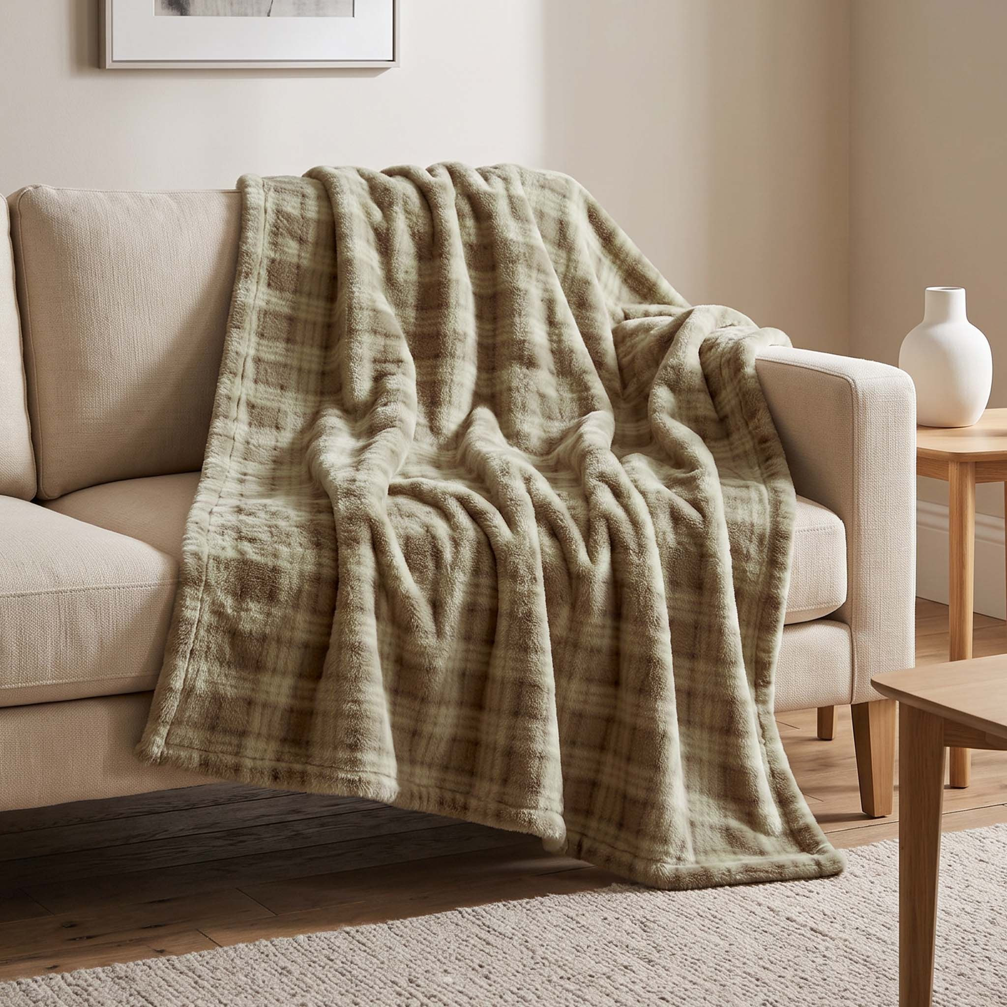 Lla Ura Check Printed Faux Rabbit Fur Throw - 130x170 cm-hbxdecorandfurnishings-bedding-throws-image-1