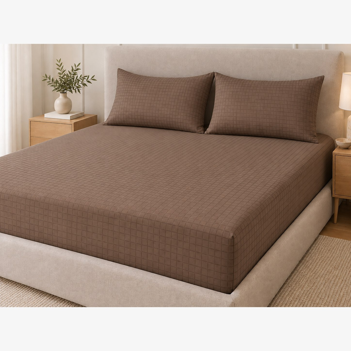 طقم شرشف سرير كينغ مطاطي 3 قطع بنقشة مربعات نافذة وكثافة 300 خيط من كوفيرا - 180×200+36 سم-hbxhomeware-bedding-fittedsheets-image-1
