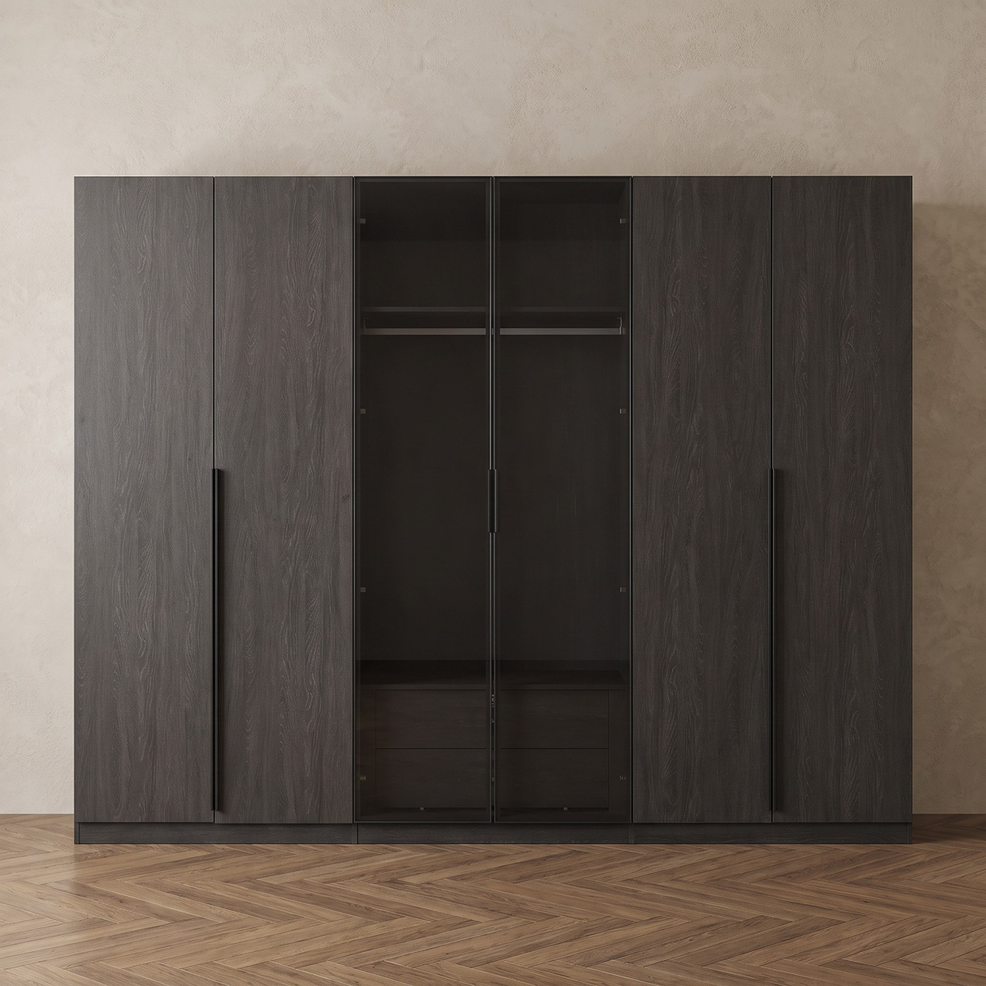 Leonor 6-Door Wardrobe with 2 Drawers with 2 Glass Doors-hbxfurniture-wardrobes-image-2