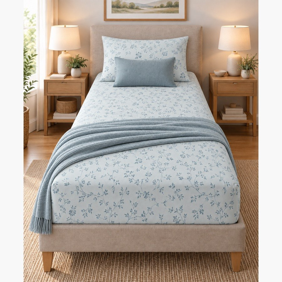شرشف مطاطي قطن بنقوش نباتية من مالطا - 90x200+33 سم-hbxhomeware-bedding-fittedsheets-image-4