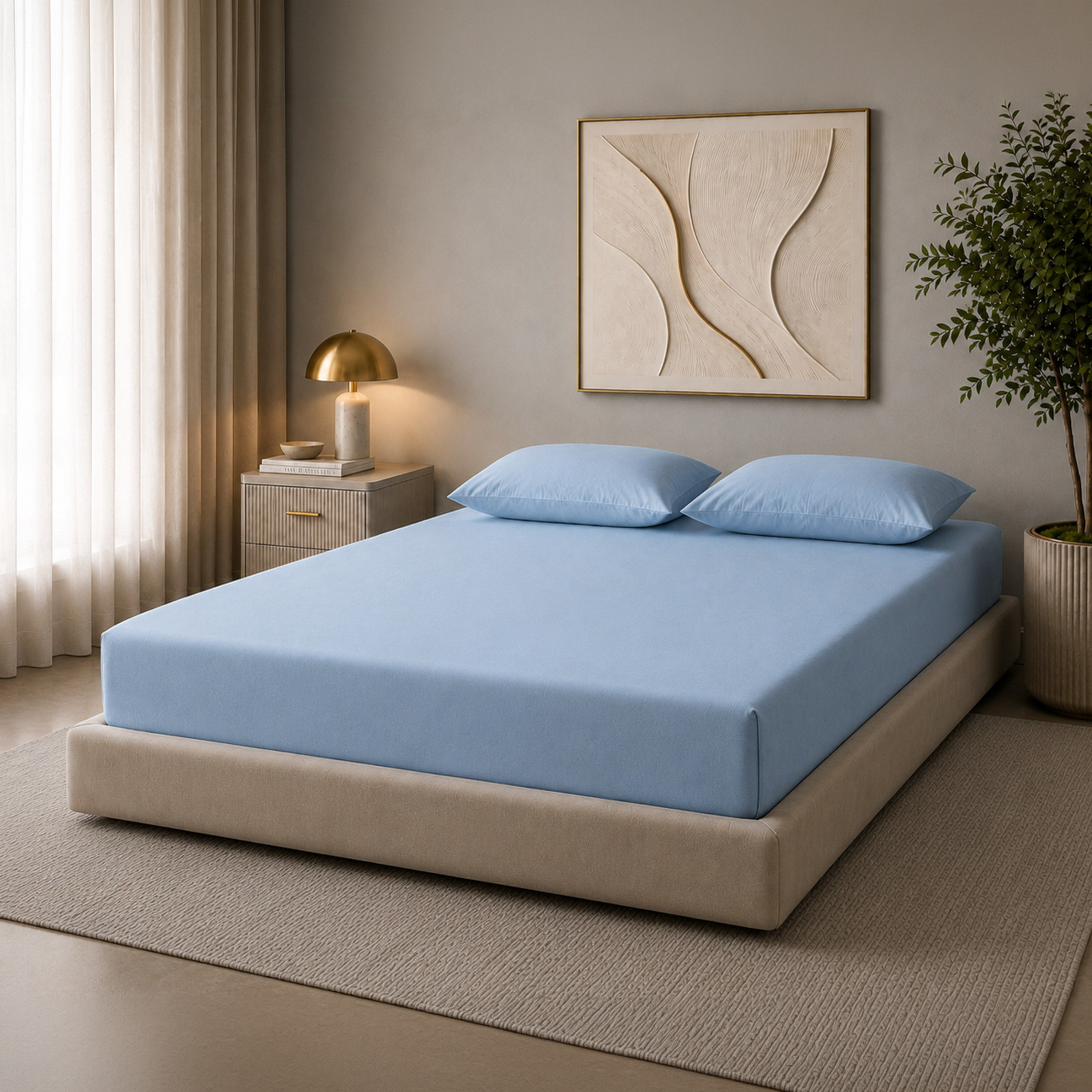 طقم شرشف مطاطي سوبر كينج سادة بعدد خيوط 600 خيط 3 قطع من نيوبورت - 180×200+36 سم-hbxhomeware-bedding-fittedsheets-image-1