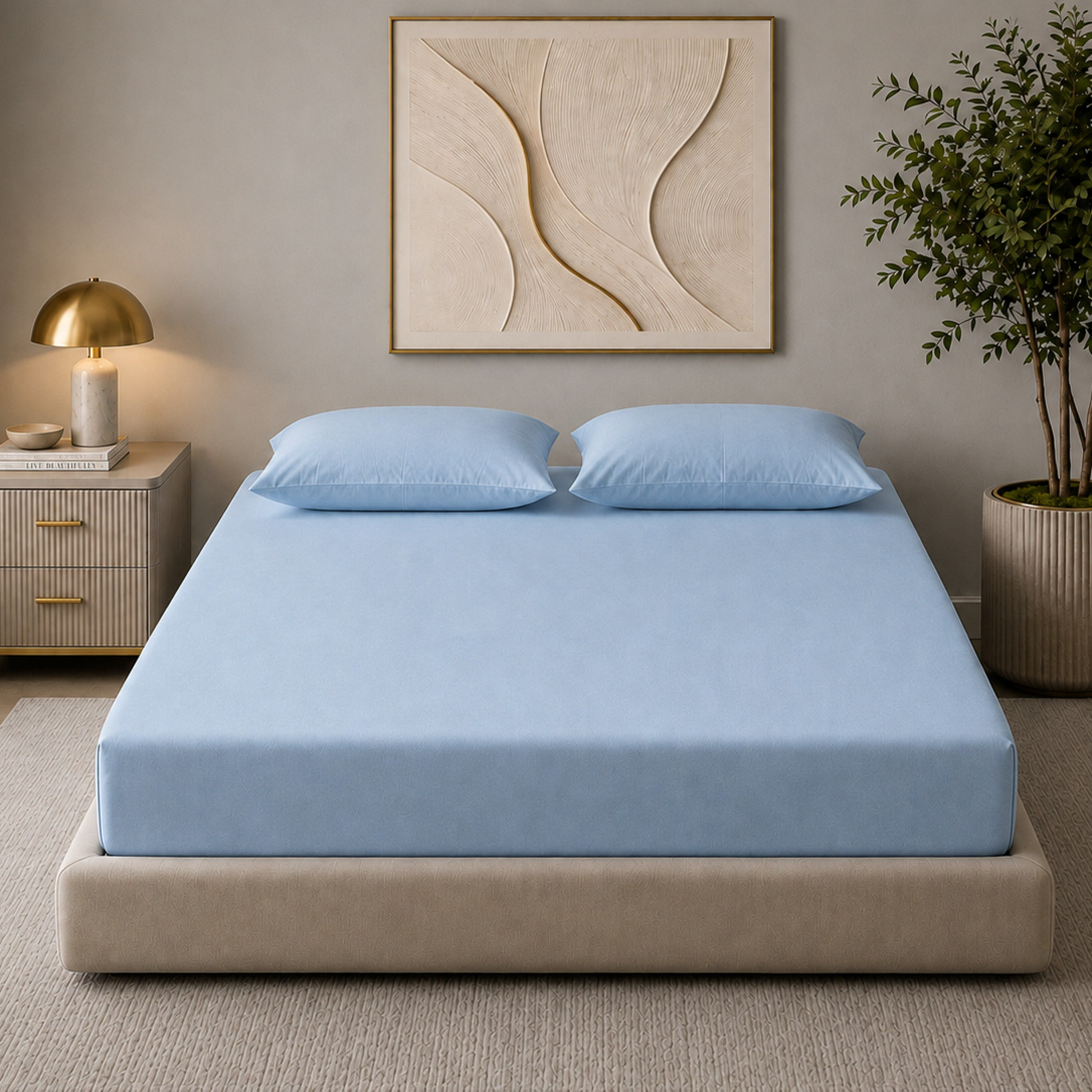 طقم شرشف مطاطي سوبر كينج سادة بعدد خيوط 600 خيط 3 قطع من نيوبورت - 180×200+36 سم-hbxhomeware-bedding-fittedsheets-image-2
