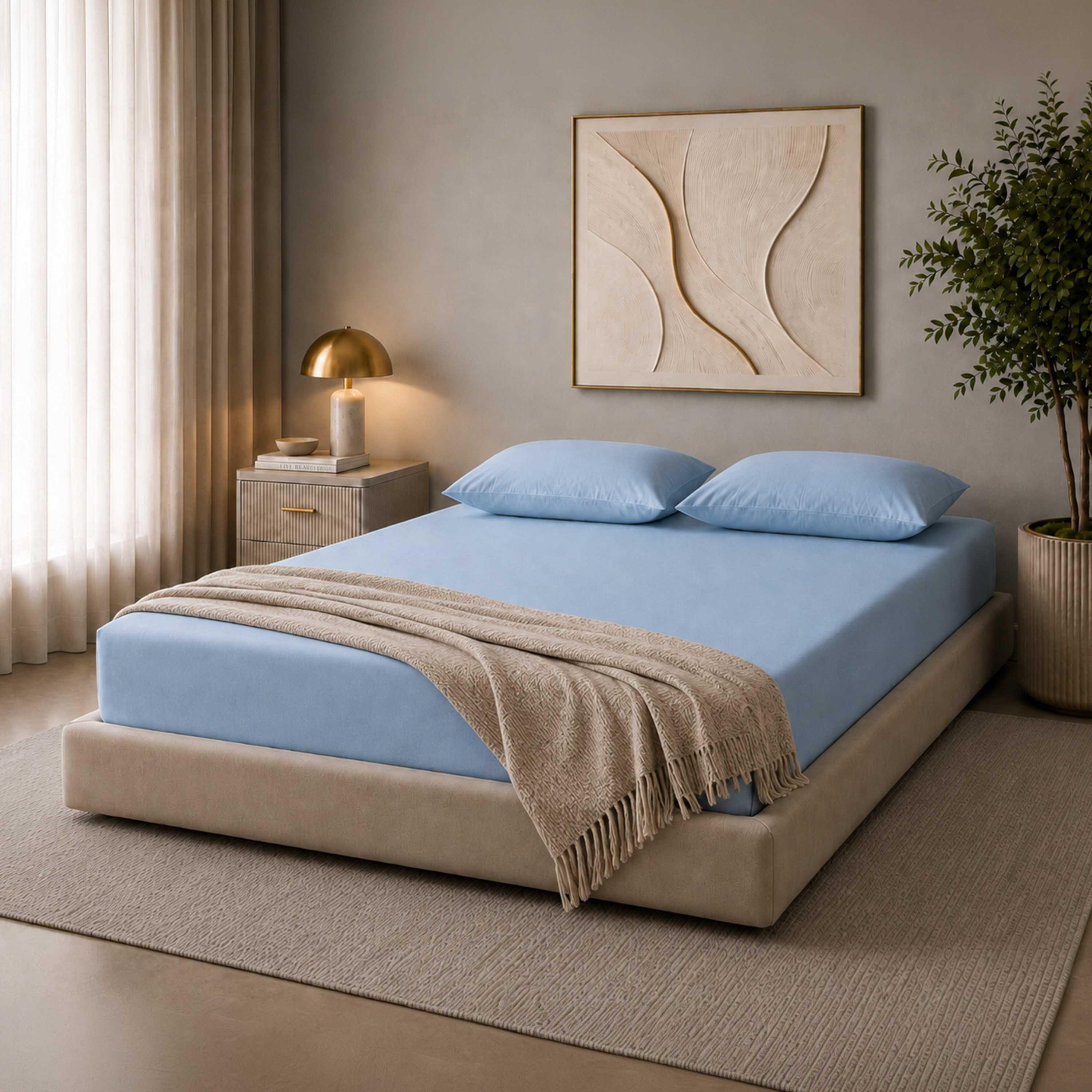 طقم شرشف مطاطي سوبر كينج سادة بعدد خيوط 600 خيط 3 قطع من نيوبورت - 180×200+36 سم-hbxhomeware-bedding-fittedsheets-image-5