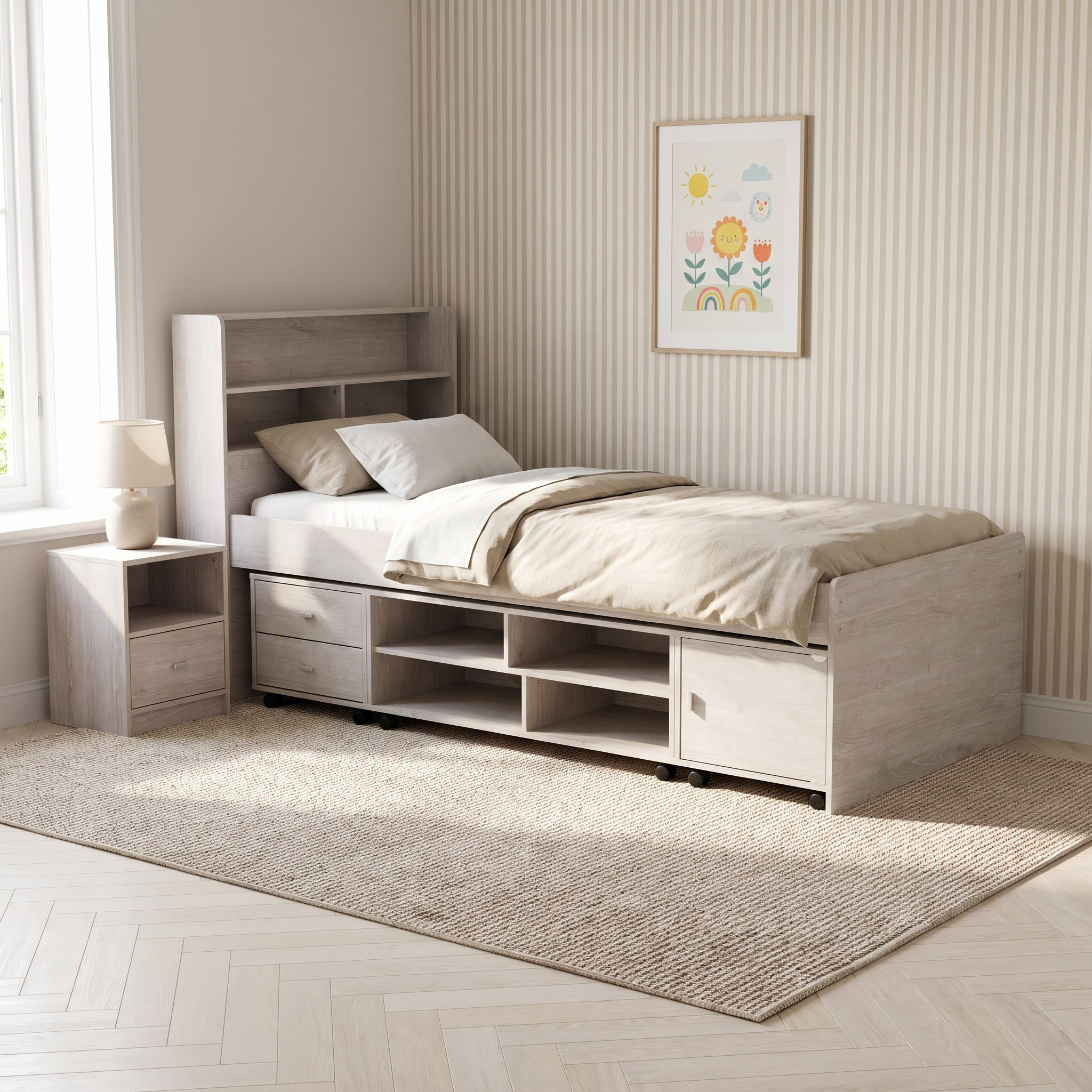 Movo-Ivory Single Bed with Storage - 90x200 cm-hbxfurniture-bedsandbedsets-beds-single-image-1