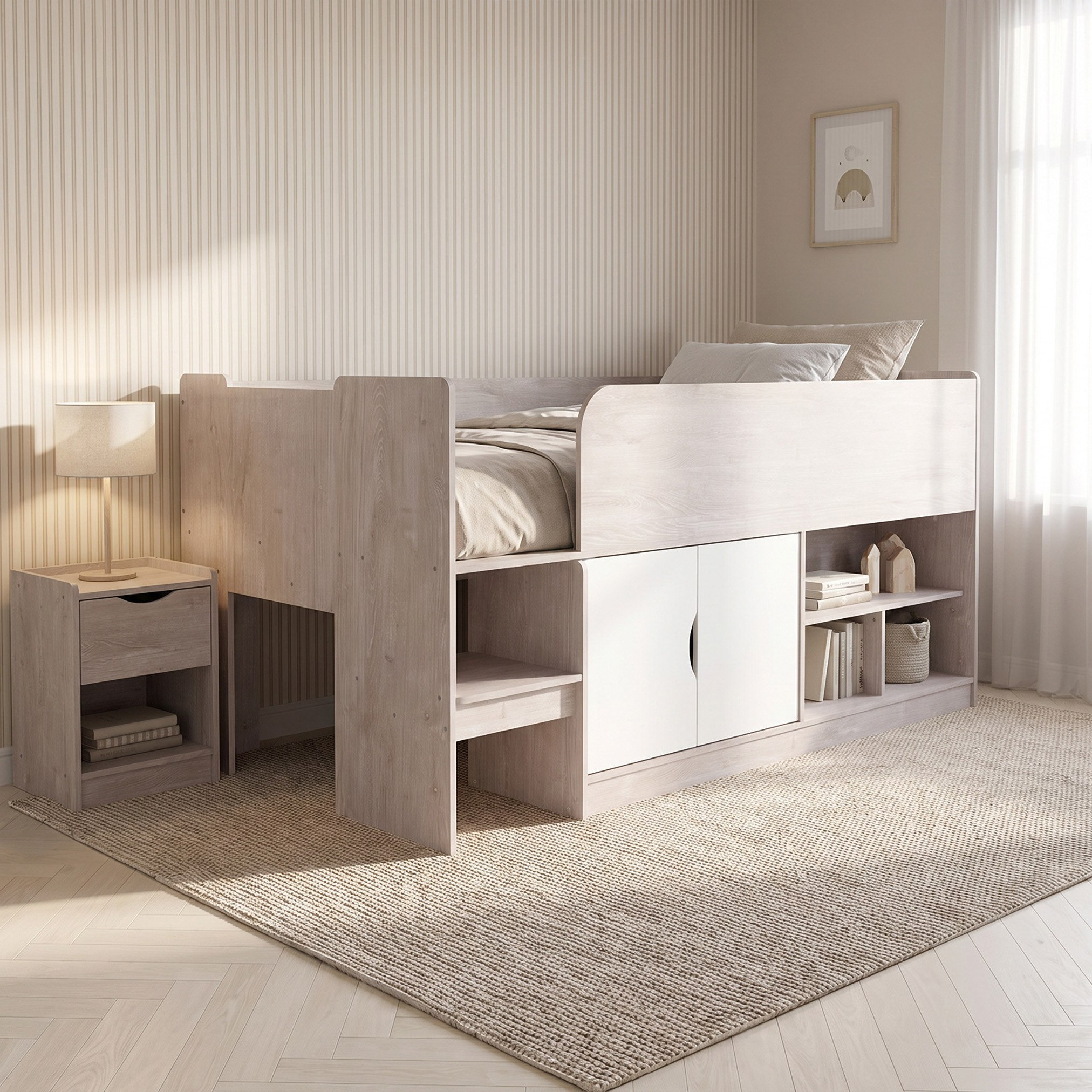 Movo Ivory Cabin Bed with 2 Doors and Shelves - 90x190 cm-hbxkidsandyouth-bedsandbedsets-bunkbeds-single-image-1