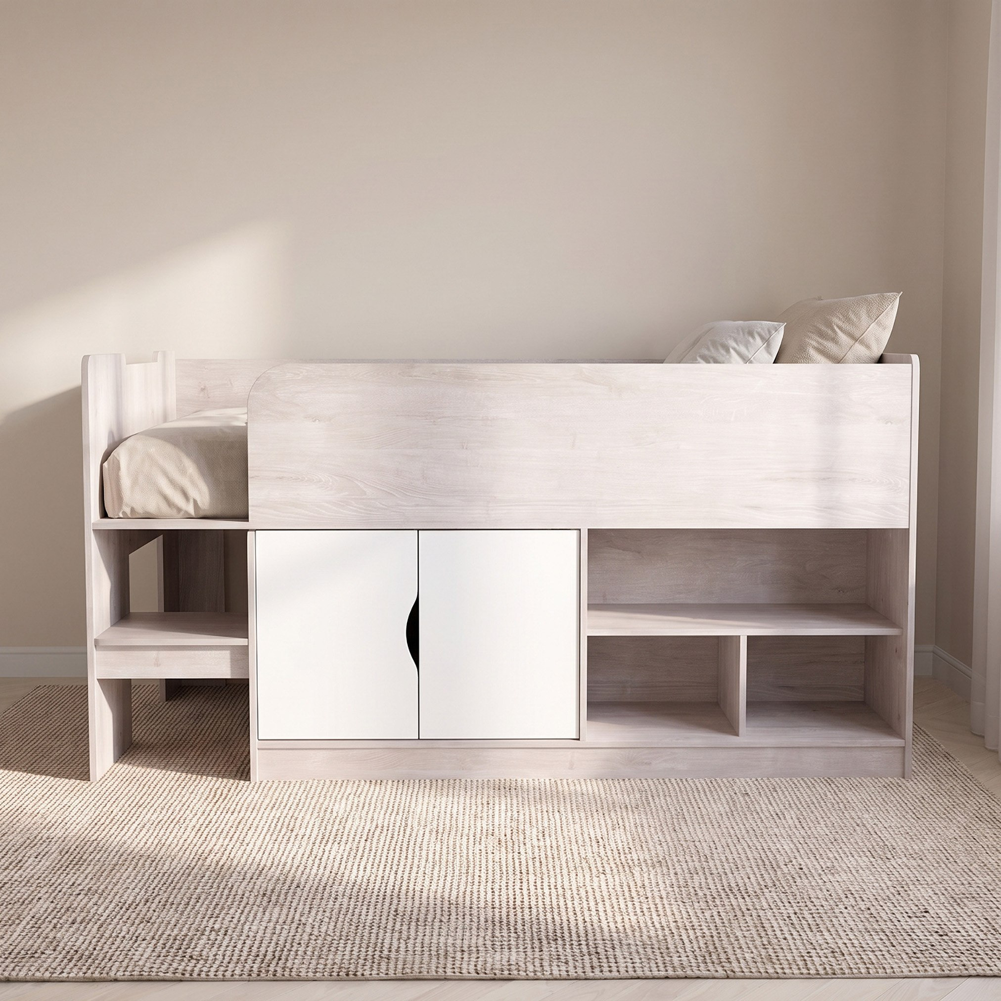 Movo Ivory Cabin Bed with 2 Doors and Shelves - 90x190 cm-hbxkidsandyouth-bedsandbedsets-bunkbeds-single-image-2