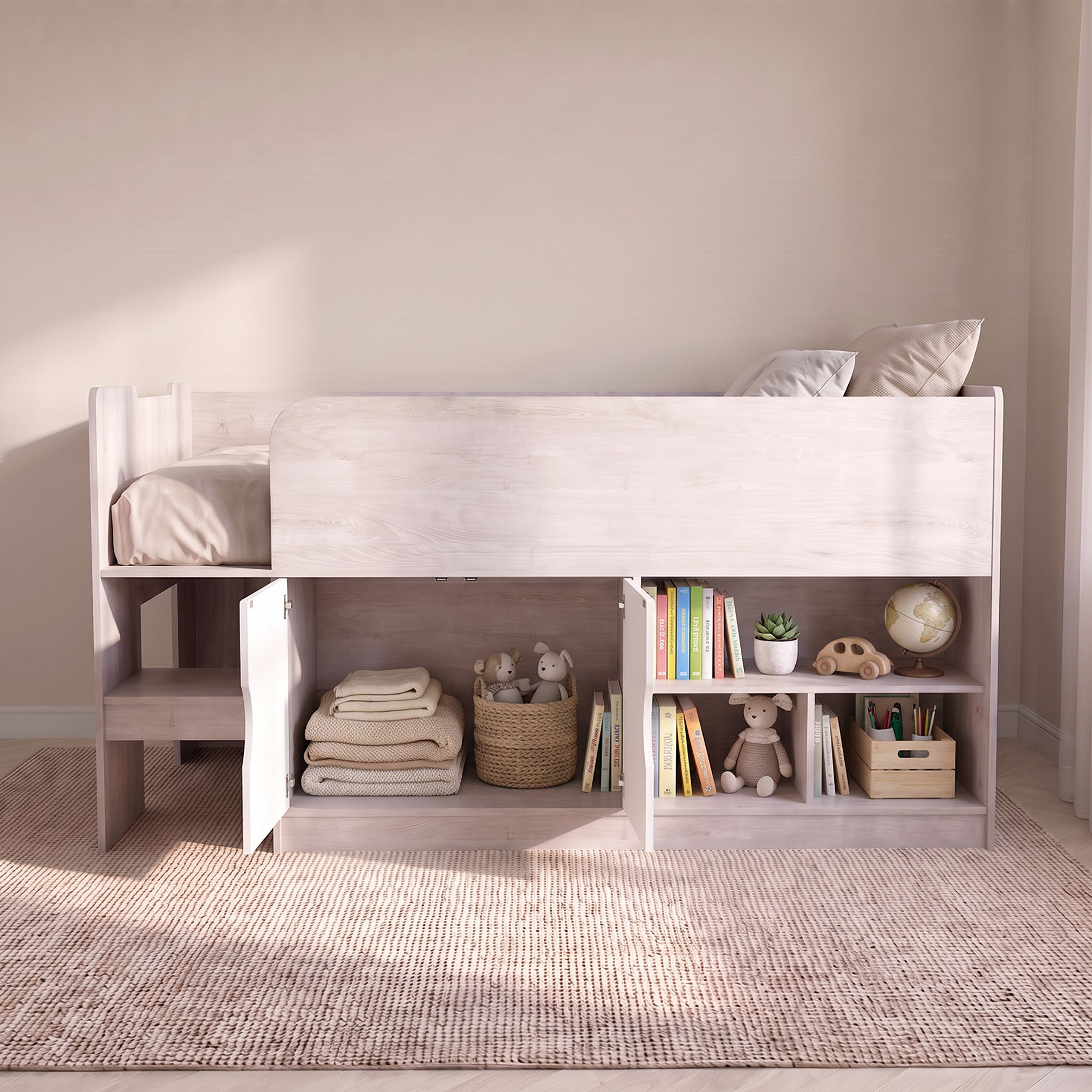 Movo Ivory Cabin Bed with 2 Doors and Shelves - 90x190 cm-hbxkidsandyouth-bedsandbedsets-bunkbeds-single-image-3