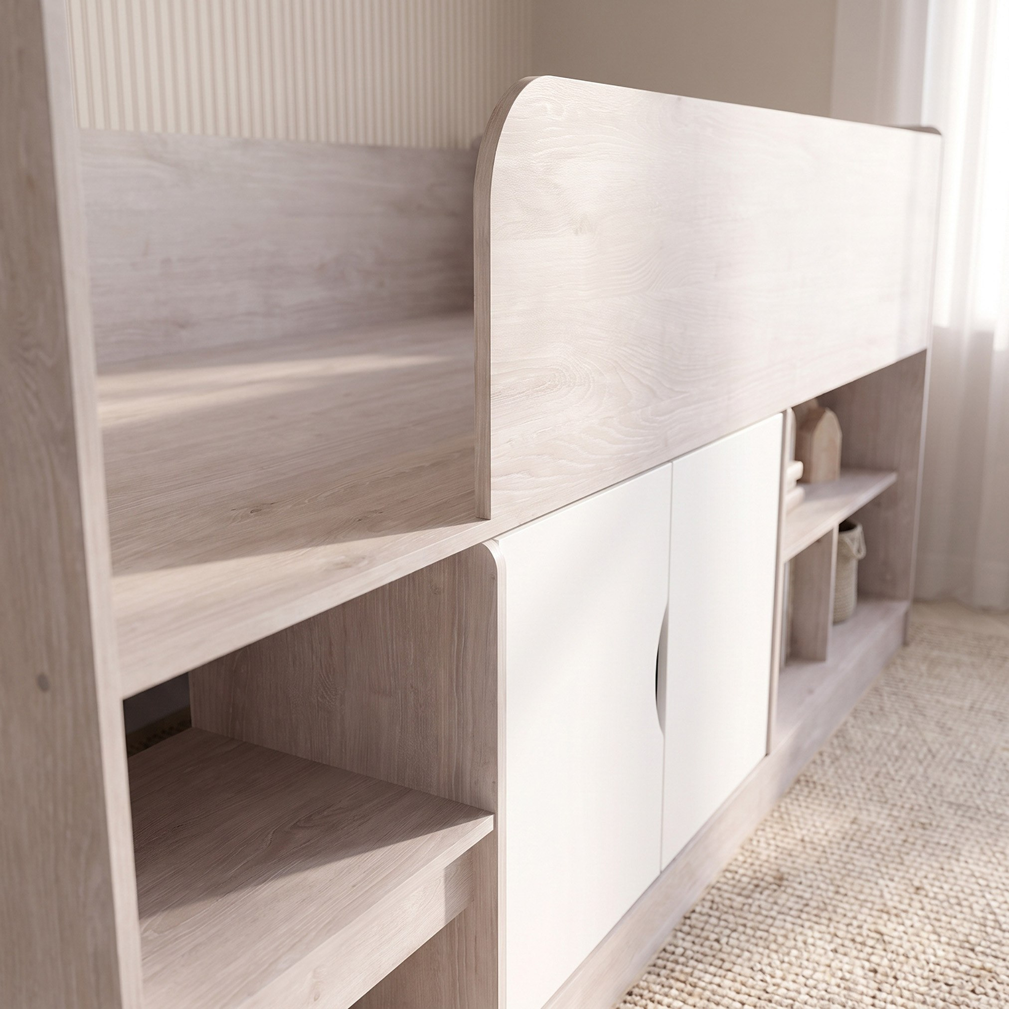 Movo Ivory Cabin Bed with 2 Doors and Shelves - 90x190 cm-hbxkidsandyouth-bedsandbedsets-bunkbeds-single-image-5