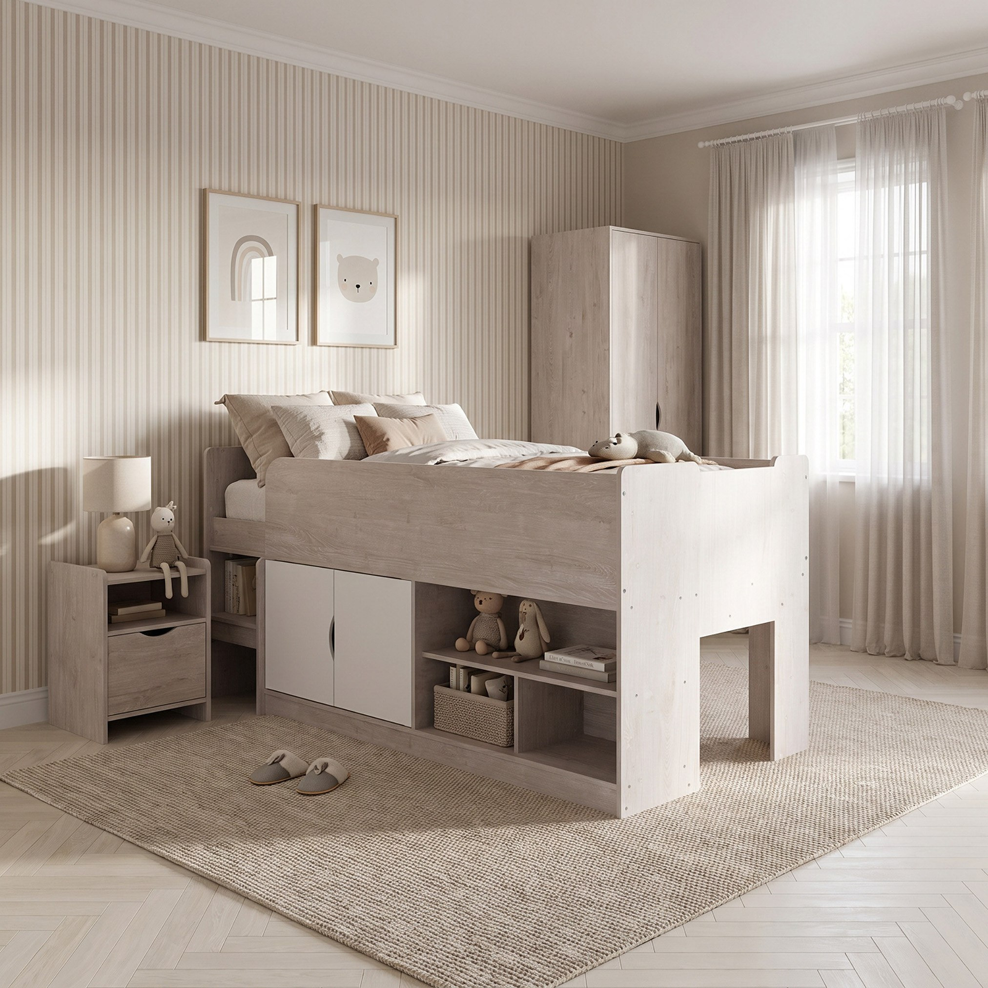 Movo Ivory Cabin Bed with 2 Doors and Shelves - 90x190 cm-hbxkidsandyouth-bedsandbedsets-bunkbeds-single-image-6
