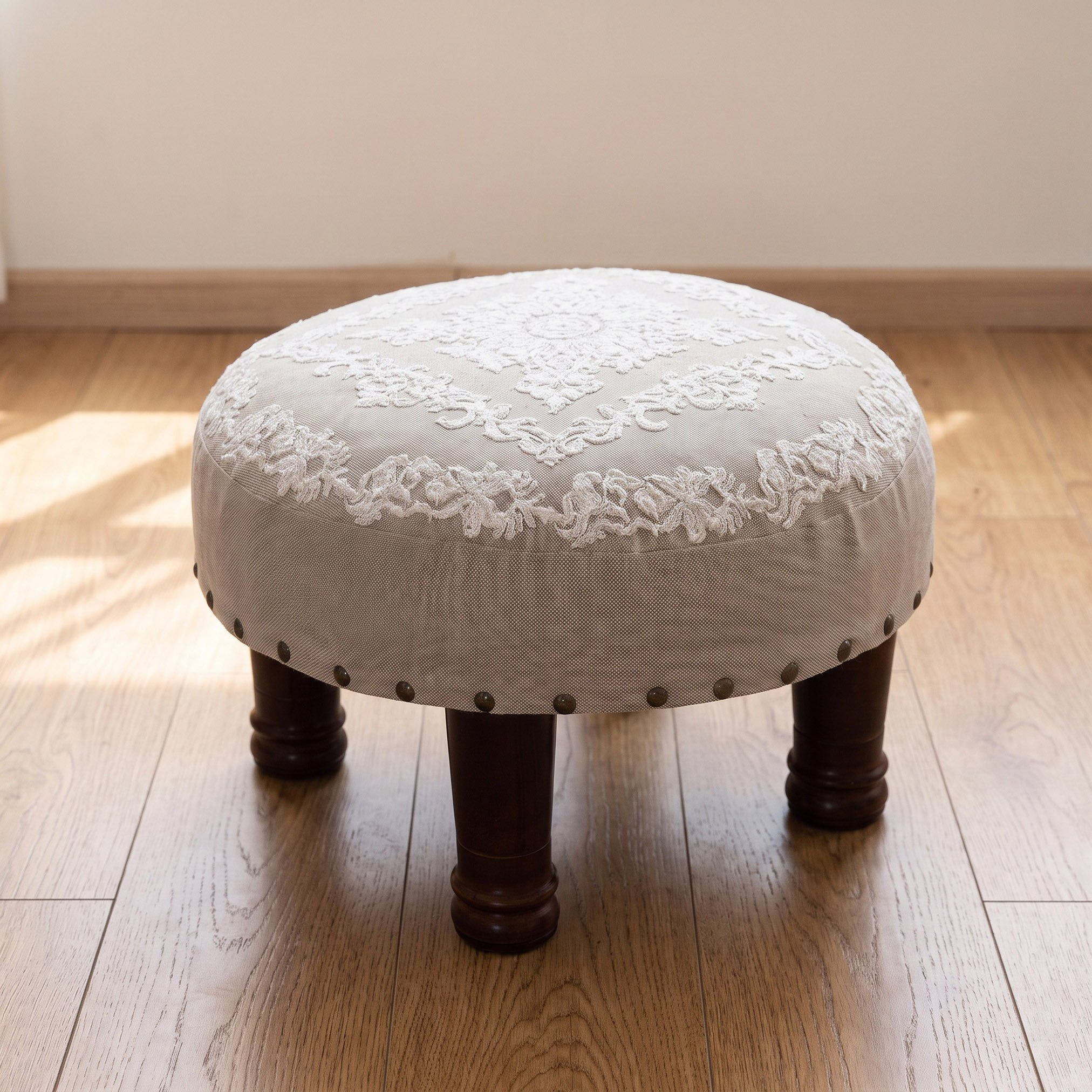 Mahragan Ayla Embroidered Medallion Round Stool-hbxlivingroom-sofasandarmchairs-ottomansandfootstools-image-1