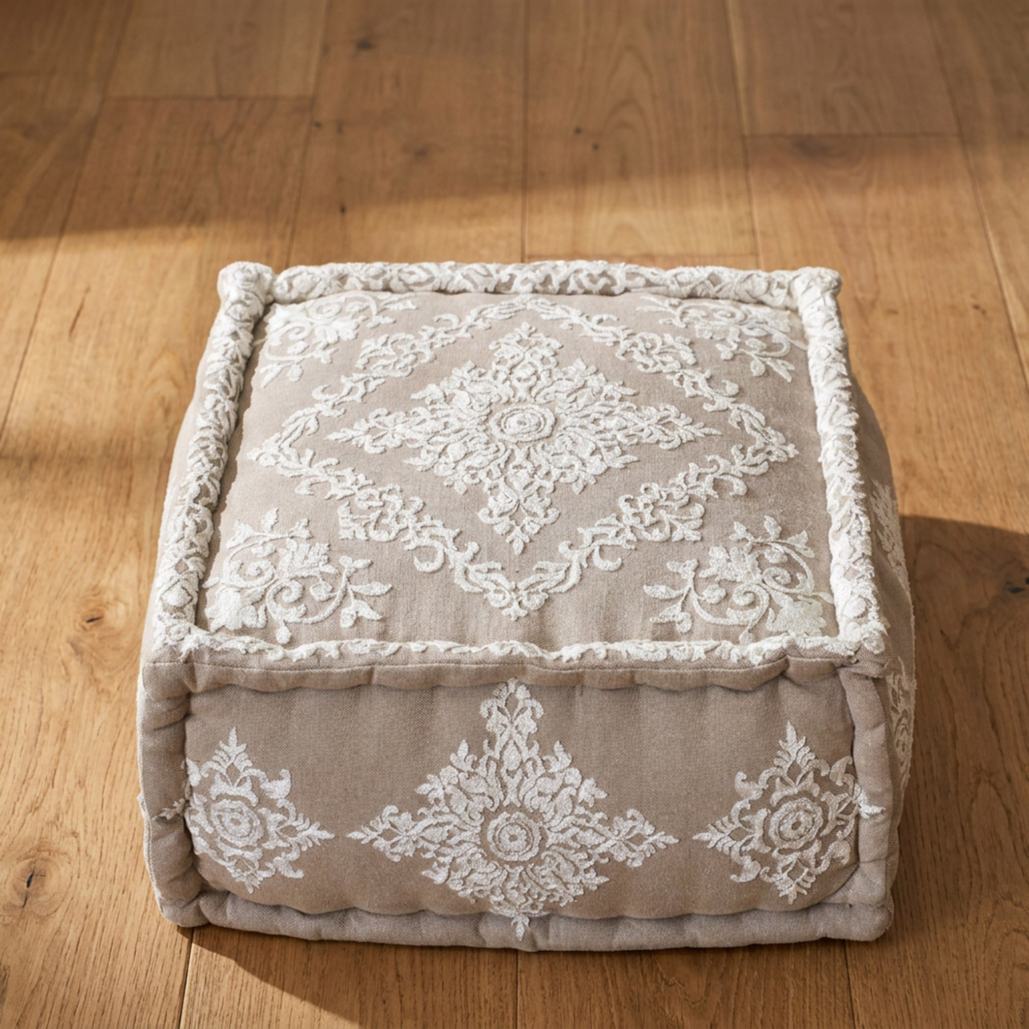 Mahragan Ayla Embroidered Medallion Square Pouf - 50x50x25 cm-hbxlivingroom-sofasandarmchairs-ottomansandfootstools-image-1