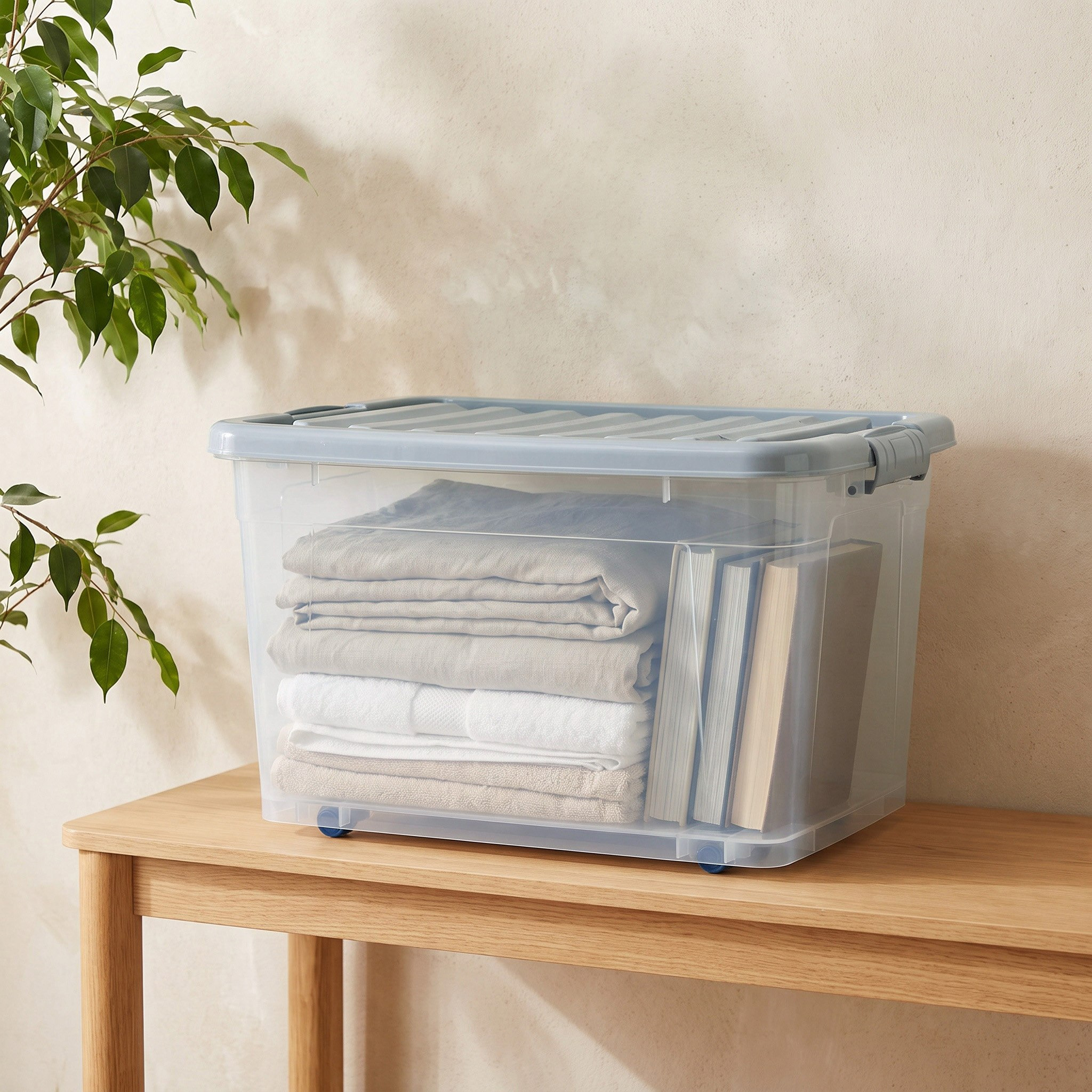 Bella Multipurpose Transparent Storage Box with Wheels and Lockable Lid - 50 L-hbxbedroom-bedroomaccessories-bedroomstorage-image-1