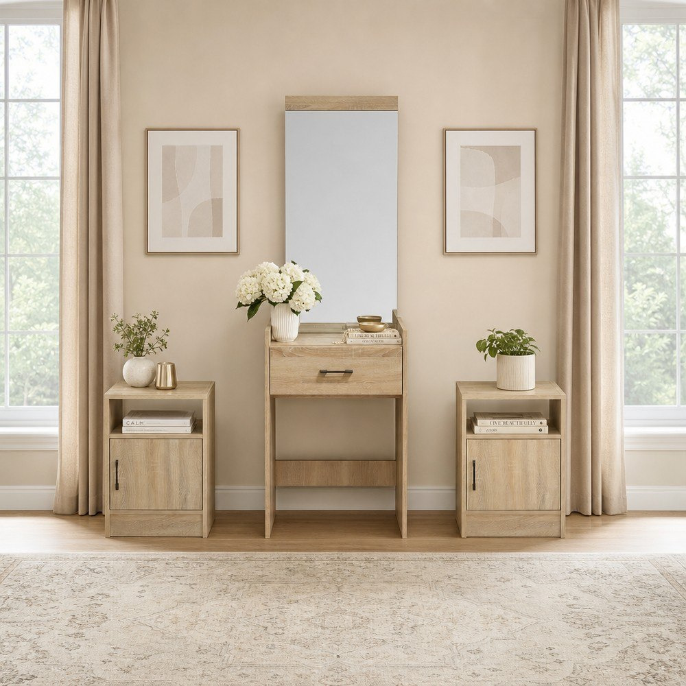 طقم من طاولتين جانبيتين بباب واحد ورف مفتوح لكل طاولة مع طاولة زينة من موفو أويسيس-hbxfurniture-bedroom-dressersandmirrors-image-1