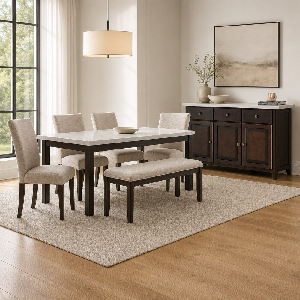 Orlando 6-Seater Genuine Marble Top Dining Set with Bench and Sideboard-hbxfurniture-diningtablesandsets-diningsets-sixseater-image-1